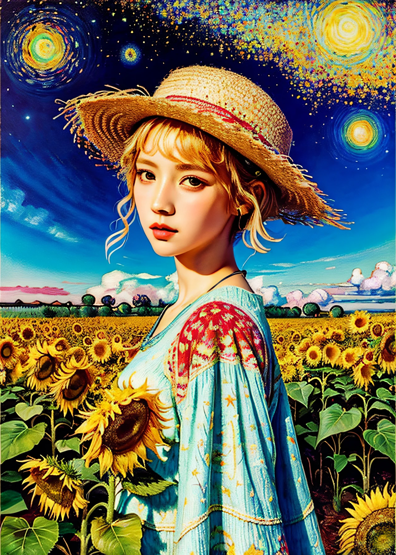 oil painting, 1 girl, by van gogh, colorful, abstract, abstract background, masterpiece, best quality, ultra detailed wallpaper,  20 year old bo, Wearing a straw hat, cornfield, tree, star, surreal dreamscape, sunflowers,night,