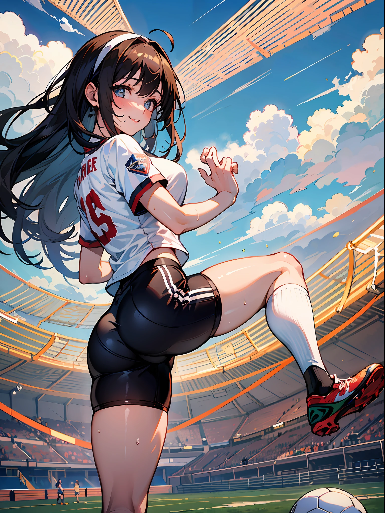 Masterpiece, Ultra High Quality, Super Detail, Perfect Drawing, Solo, Girl, Soccer Club, Soccer Shirts, Half Pants, Spads, Knee Socks: (0.8), Soccer Shoes, Hairband, Back Figure, Bicycle Shoot: ((Jump and Kick the Ball Overhead)), Round Big Butt, Butt Thrusting Pose, Bulging Bust Top, Blush, Sweat, Tanned Skin: (1.5), smile, ((clothes clinging to the body with sweat)), 18 years old, football field, summer sky, cumulonimbus clouds, shot from diagonally behind, bust up, see-through, panty line, dynamism,