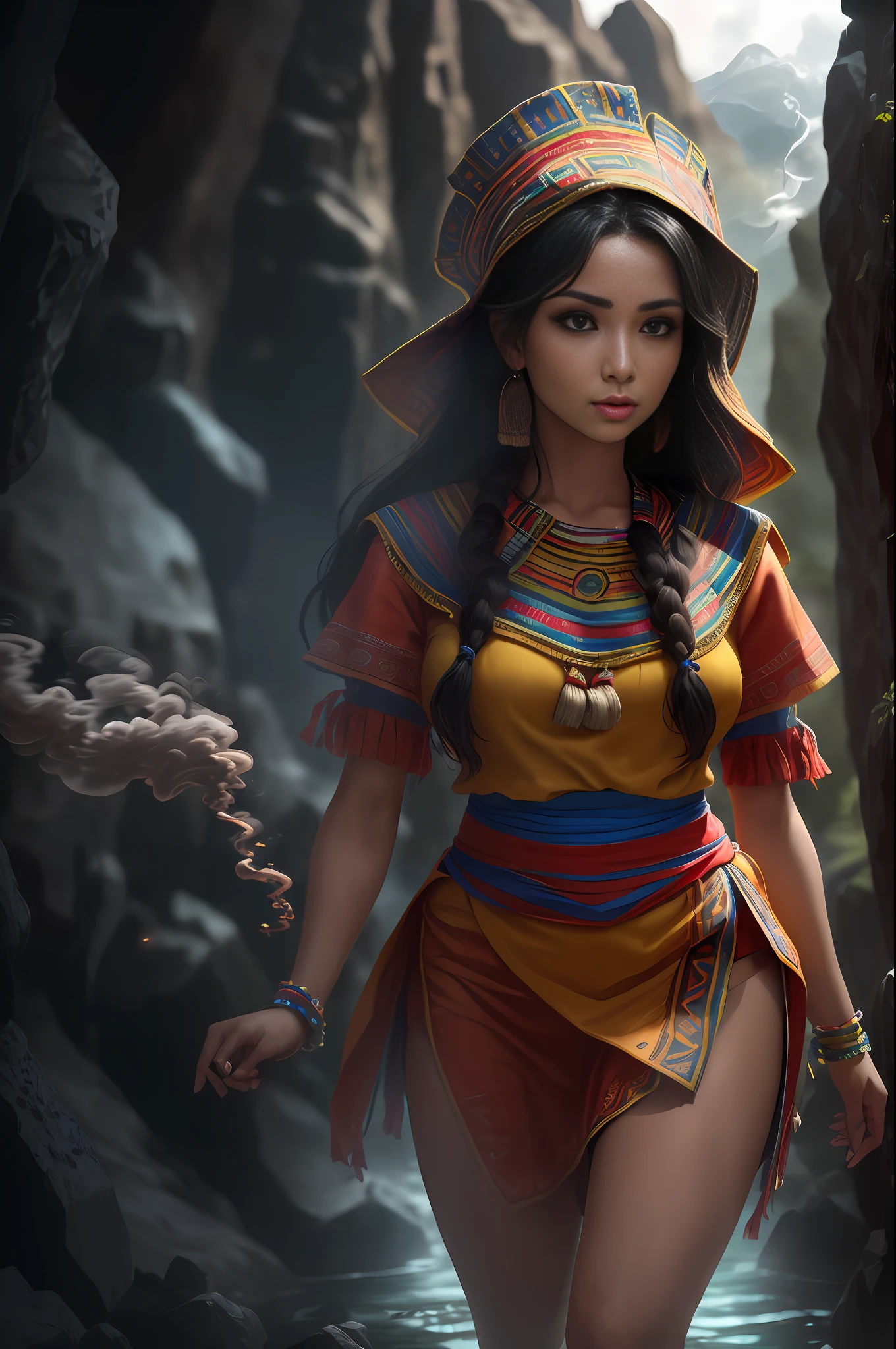 ((realistic: 1.5)),((best quality)), ((masterpiece)),((detailed)), (1girl: 1.3), solo, (((extremely detailed face))),(((brown eyes))), (((dark eyes))), (((dark eyes))), (((perfect hands))), Inca skin, Inca face, small breasts, beautiful detailed eyes, 8k unified wallpaper, super detailed, beautiful and aesthetic, beautiful, masterpiece, best quality, raw, super fine photo, best quality, super high resolution, photorealistic realism, sunlight, full body portrait, amazing beauty, dynamic pose, delicate face, (from the front), (1 Inca woman in Inca costume long skirt with colors red blue white and pink not green, {a beautiful Inca woman dressed in traditional Inca dress typical costume of the woman of Cuzco Peru, super wide angle lens, facial focus, mature, sexy, toned muscles, long legs, curves, barefoot, full Inca costume, perfect eyes, long black hair, floating hair, long eyelashes, (detailed face, detailed pupils, detailed characteristics of Inca clothing, light background: 1.3), mysterious ancient Inca ruin, lush forests, deep canyons, bridge, river, cliff, cloud, lakes, rock, waterfalls, flowers, grass, fog, vine, tree, smoke, machu picchu, best shadow, bright details, sharp, perfect composition, intricate, sharp focus, dramatic, (specular lighting: 1.3), edge light, Inca landscape, fully dressed, editorial photography, ultra-realistic photography,