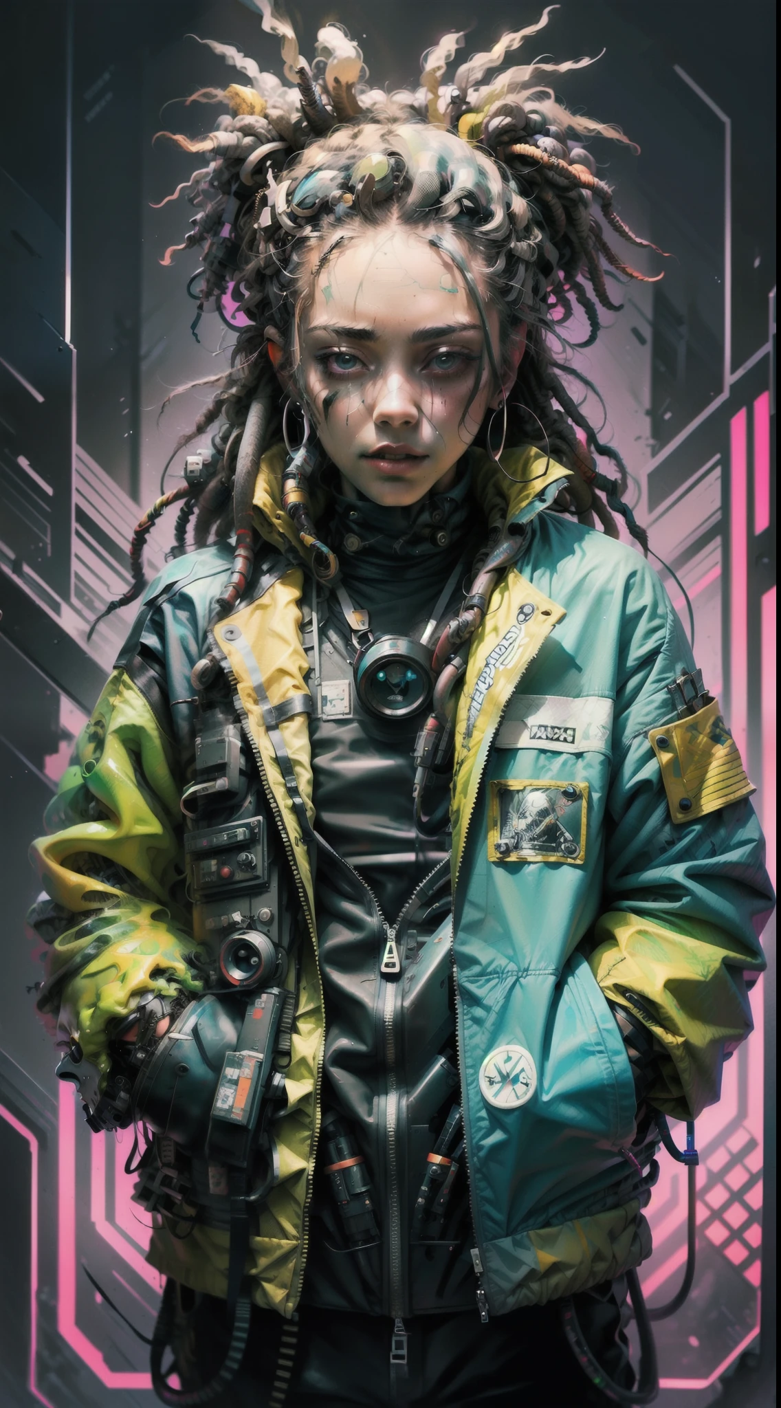 1 rapper with dreads hair, ToxicPunkAI techwear jacket, minimalist abstract ToxicPunkAI music mixer and speakers background, bubbles, melt, detailed, intricate