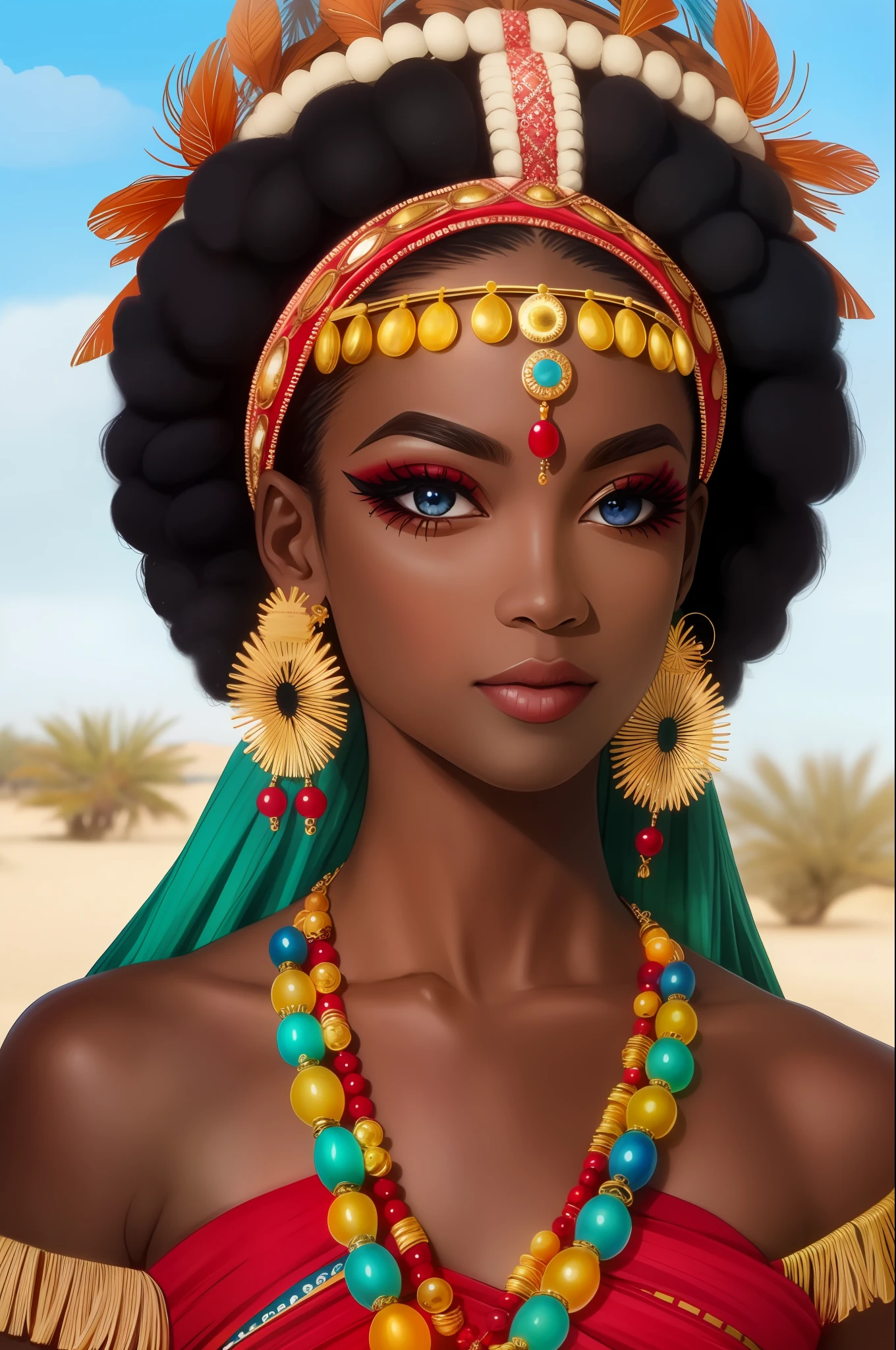 (masterpiece:1.2), (best quality:1.2), perfect eyes, perfect face, perfect lighting, photoshoot, 1girl, mature female wearing SSAHC, SSAHC, dark-skinned, colorful tribal dress, headdress, thick eyelashes, makeup, eyeshadow, medium hair, oasis, desert detailed outdoor background
