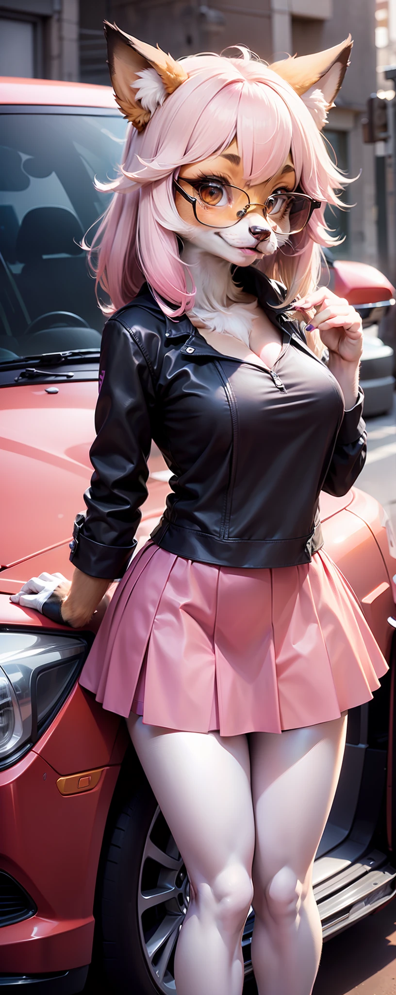 Anthro furry, fursona, dark brown with white hair, wearing pink and white skirt, pose, bright background, black and blue car in the background, 1solo, wearing shadow purple glasses