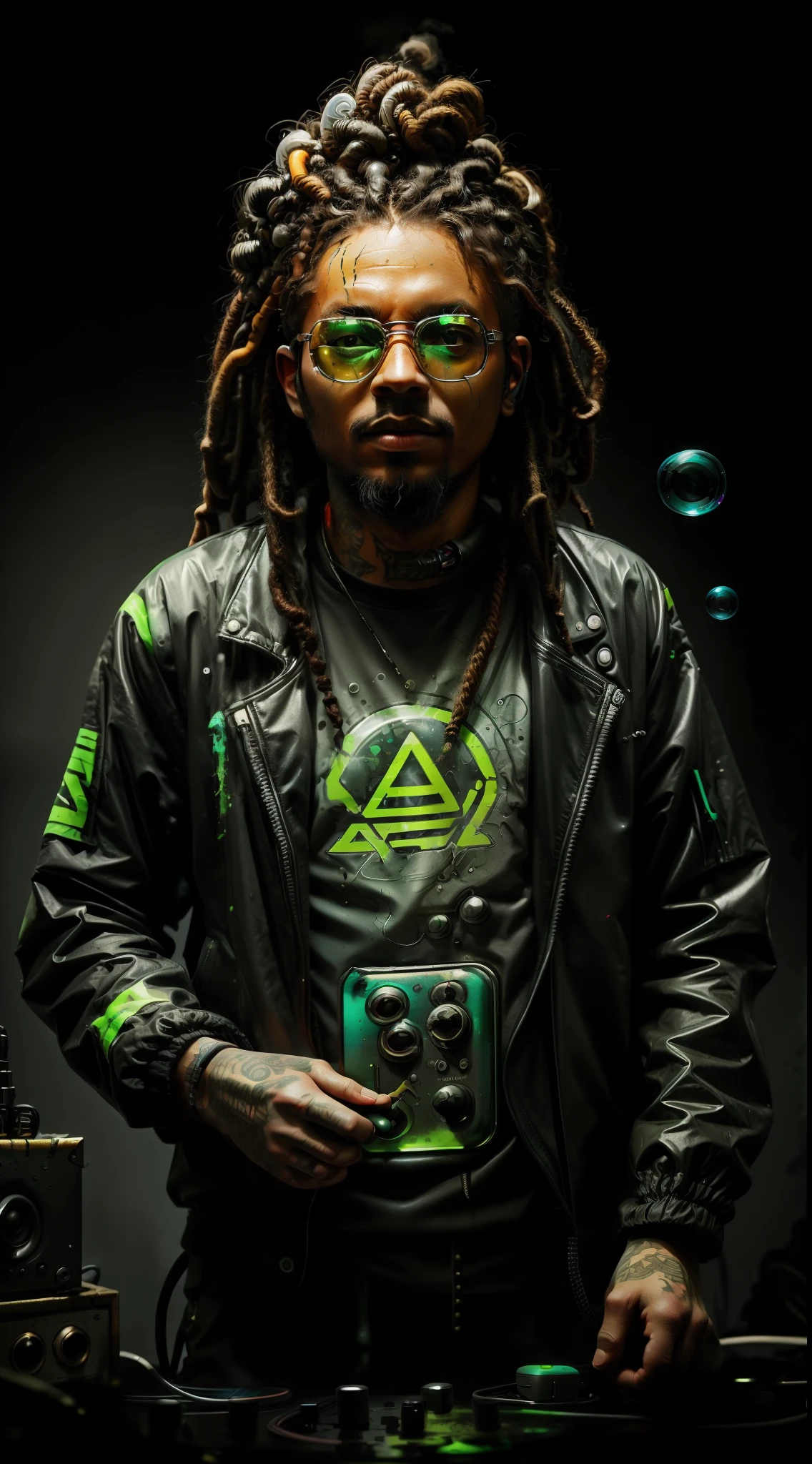 1 rapper with dreads hair, ToxicPunkAI techwear jacket, minimalist abstract ToxicPunkAI music mixer and speakers background, bubbles, melt, detailed, intricate