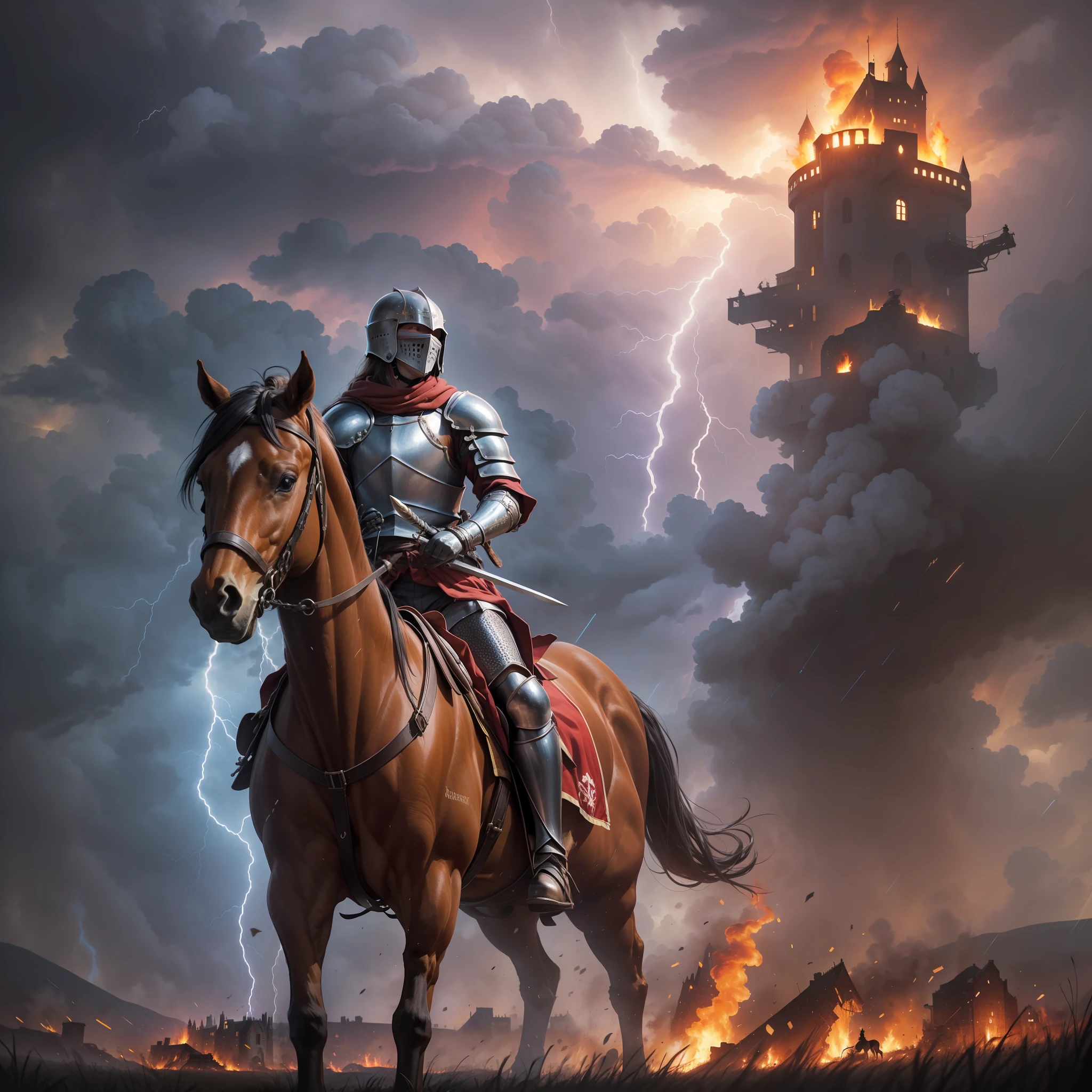 A medieval knight on a brown horse looking up at a burning castle that sits high on a hill in the background of a battlefield during a thunderstorm with dark clouds and lightning.