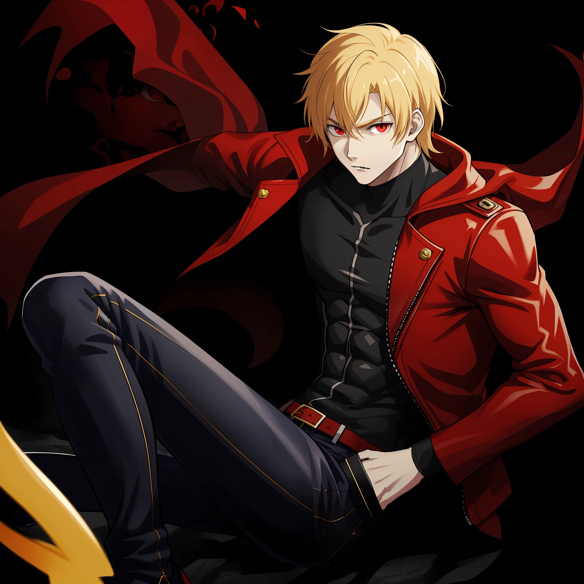 1 Man, Jaune Arc, Vampire, Muscular, Slightly pale skin, Bright red eyes, Darkened blonde hair, Shirtless, Red leather coat and open dorado, Cause black jeans, Night