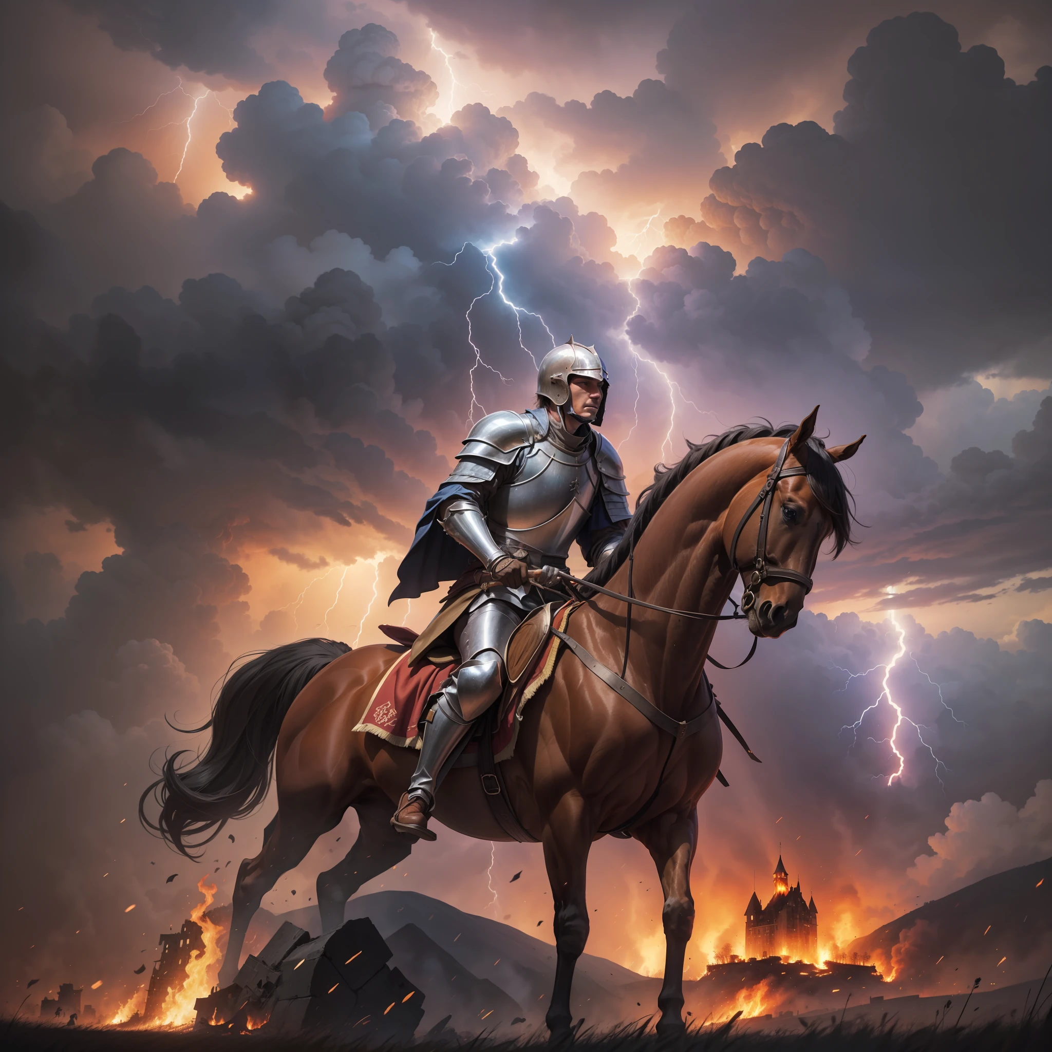 A medieval knight on a brown horse looking up at a burning castle that sits high on a hill in the background of a battlefield during a thunderstorm with dark clouds and lightning.