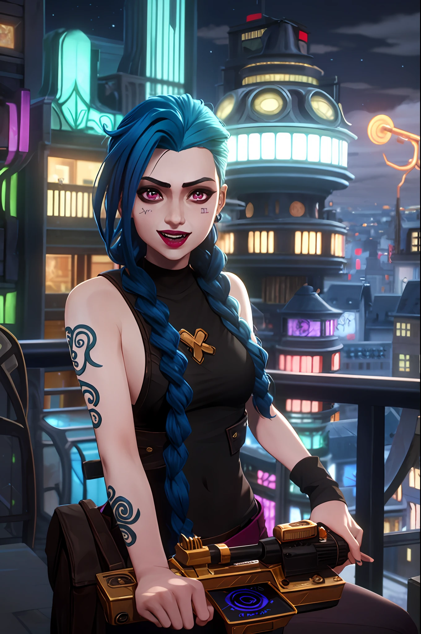 arcane style, 1girl, jinx, holding a rotating machine gun, arm tattoo, asymmetrical bangs, bangs, blue hair, long braids, brown shirt, cloud tattoo, looking at the viewer, laughing, crazy, uncontrollable laughter, crazy look, night, city, green hair, long hair, diaphragm, pink eyes, red lips, shirt, solo, standing, tattoo, twin braids, upper body,  Bad luck arcana, bad luck \(League of legends\), 8k