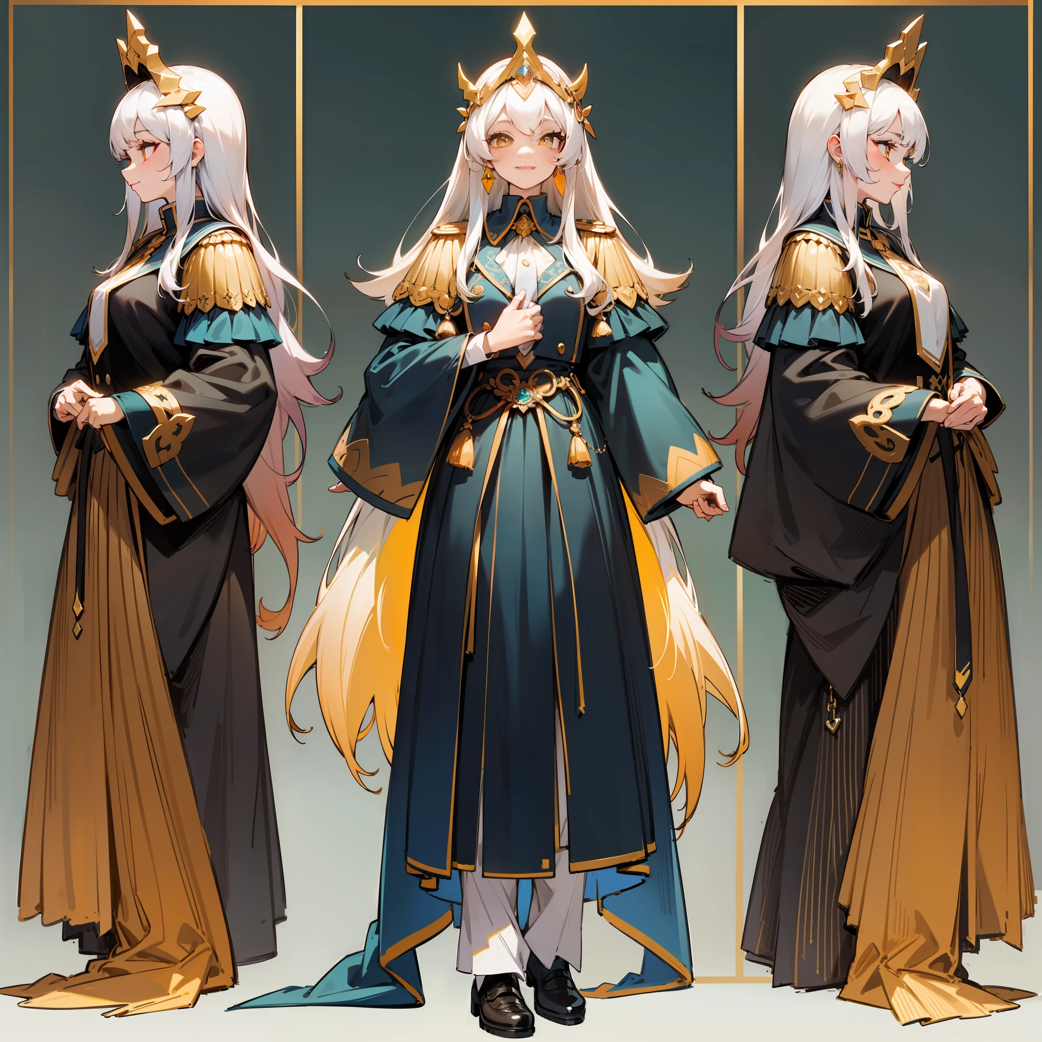 ((((gradient background,)))),Full body, school uniform, Front view, Side view, Back view, Golden eyes, glowing pupils, Exquisite headdress, unified coat of arms worn on chest, Long straight white hair, ribbon, Jewelry, Light smile, Dress in a uniform fashion,(Reference table), UHD, ccurate, Super detail, Award-winning, High detail, Best quality, 8k