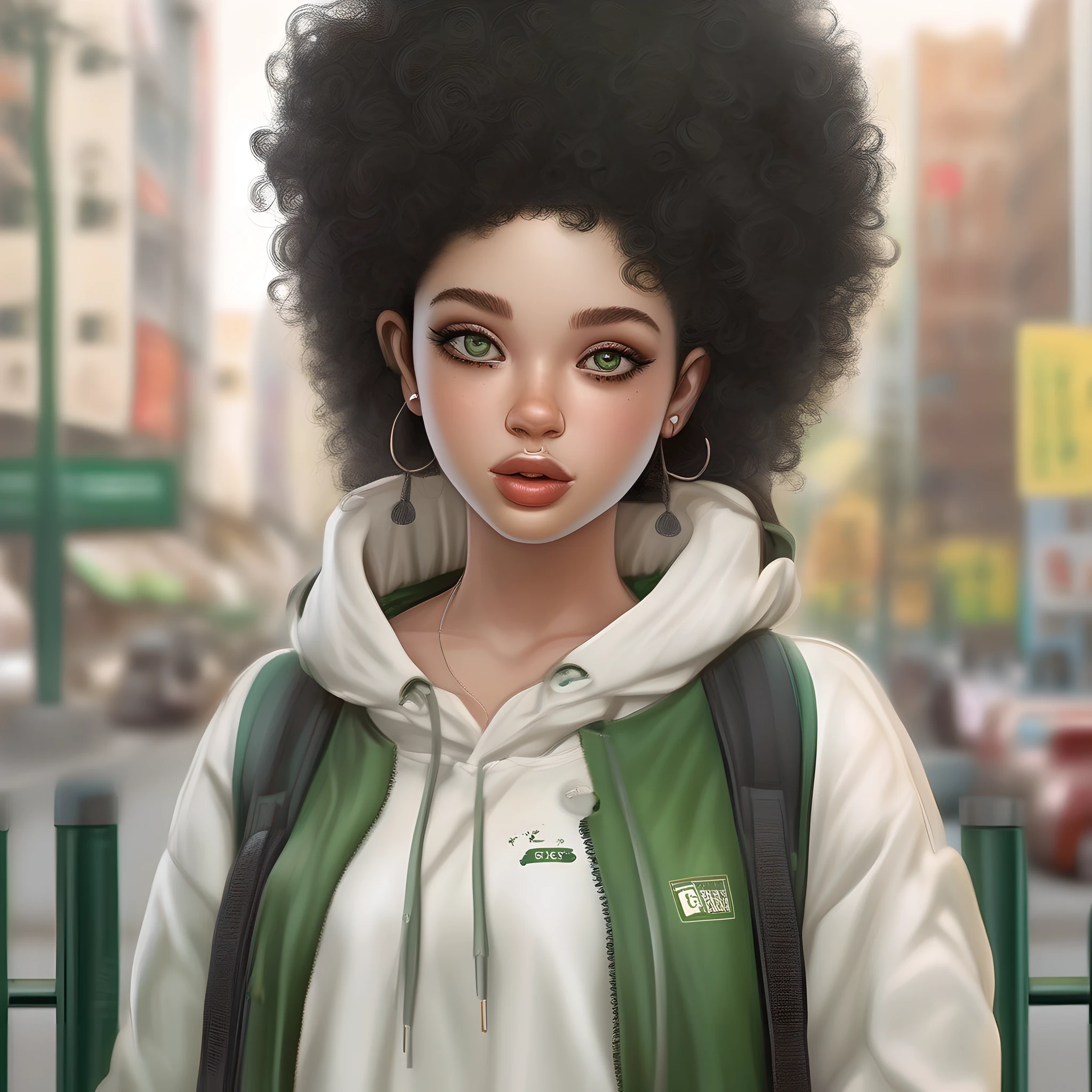 Girl Highly Detailed Face and Skin Texture, ((white skin)) big green eyes, slim face, juicy lips, bimbo lips, big puffy breast, ((afro curly Black hair)), pale skin, Detailed Eyes, Double Eyelids,