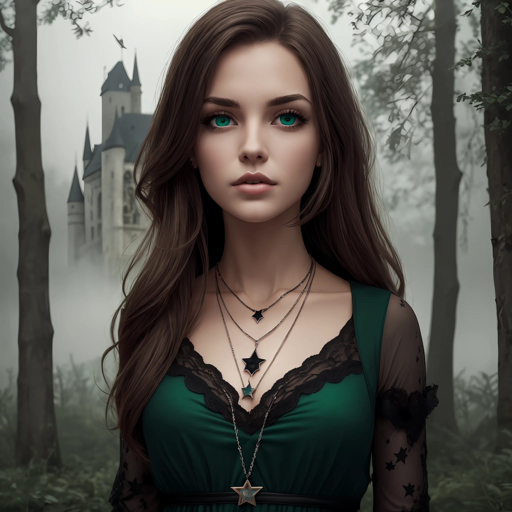 Young American woman with brown hair, dark green eyes with a star-shaped emerald necklace. Pink lips. Wearing black dress. Dark Gothic forest background with Gothic castle behind no sunlight and fog. 4k, realistic, better picture.