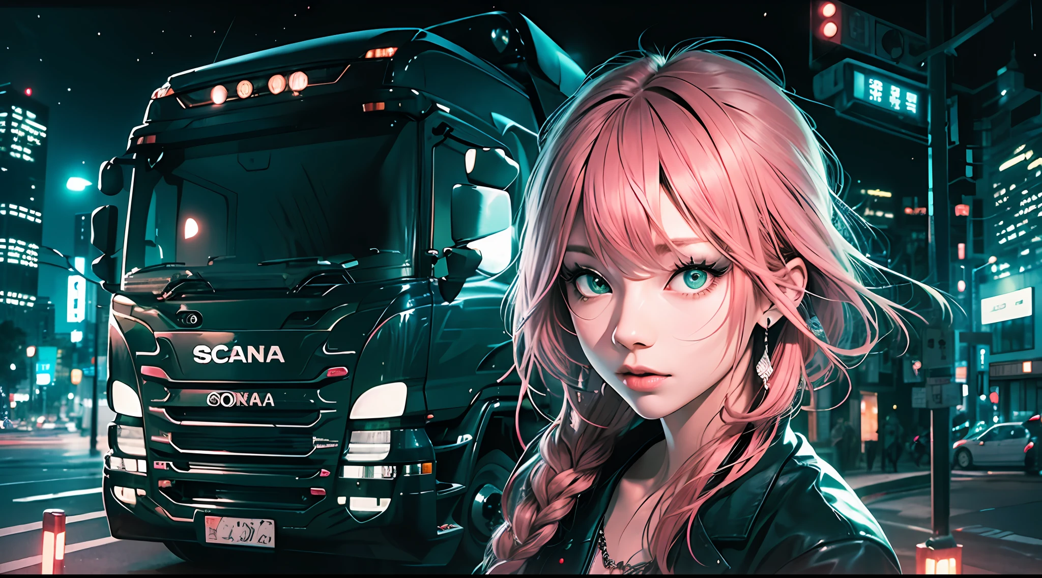 Black pink, sexy slim girl with pink hair blue eyes and a green, in the background Japanese city at night, next to a very well detailed scania truck
