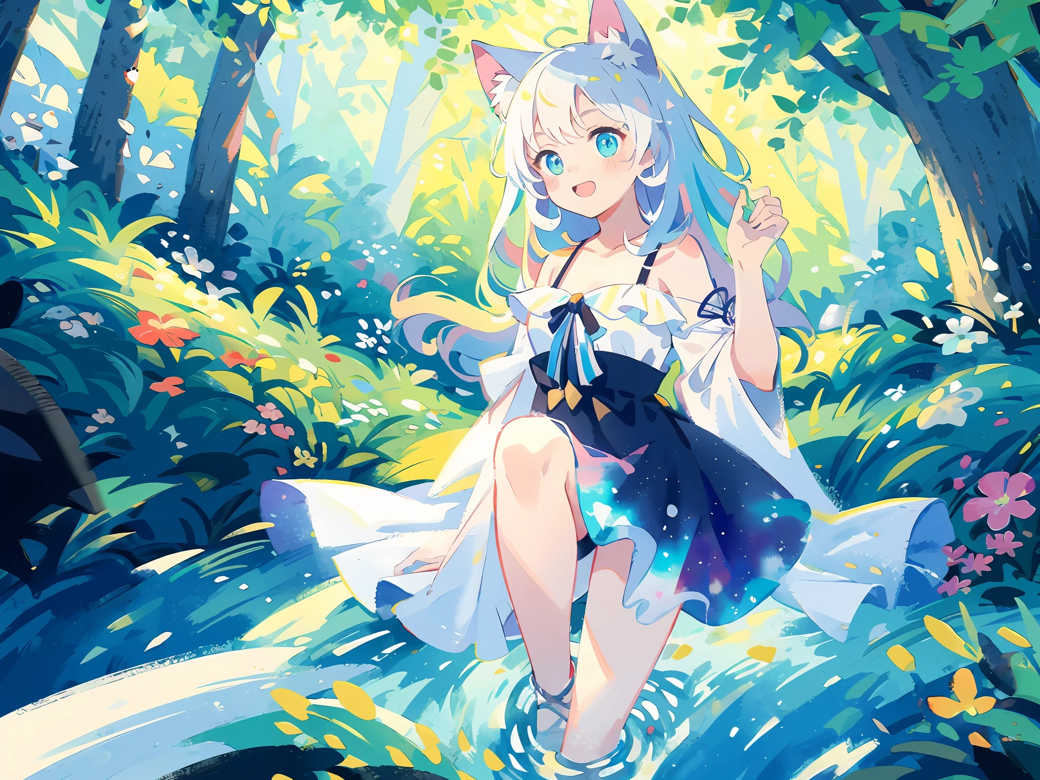 (highest quality), (masterpiece: 1.2), (colorful: 0.9), (ink splash)), (color splashing), (watercolor)))), clear focus, model shot, full body,
(Summer Portrait Goddess: 1.5), cute look, cat ears, elegant white colored hair, beautiful detailed face and eyes, elegant goddess clothes, ((Summer forest background)),
Colored Water, Forest