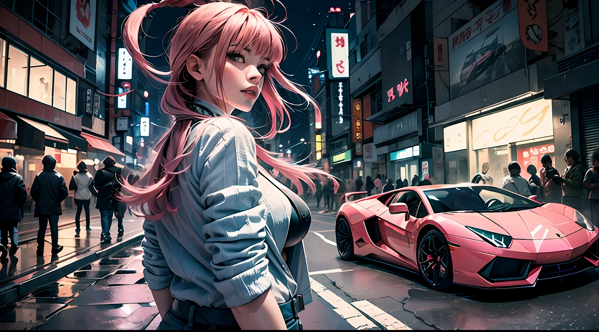 Black pink ,sexy girl with pink hair blue eyes and a green , in the background Japanese city at night,next to a Lamborghini