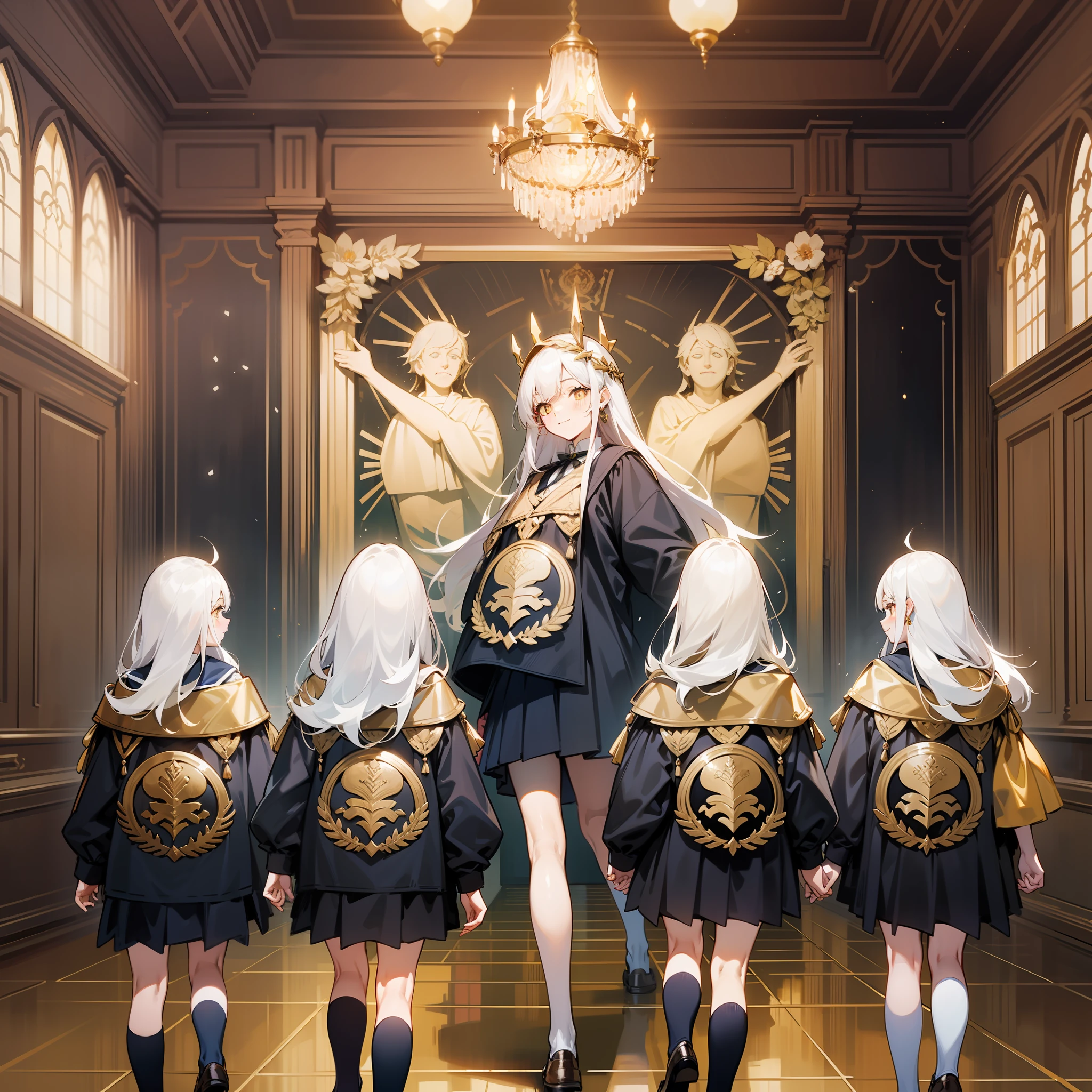 灰色背景,点圆画法,Full body, A woman in a modern school uniform, Front view, Side view, Back view, Golden eyes, glowing pupils, Exquisite family headdress, unified family coat of arms worn on chest, Long straight white hair, ribbon, Jewelry, Light smile, (Reference table:1.5), UHD, ccurate, Super detail, Award-winning, High detail, Best quality, 8k