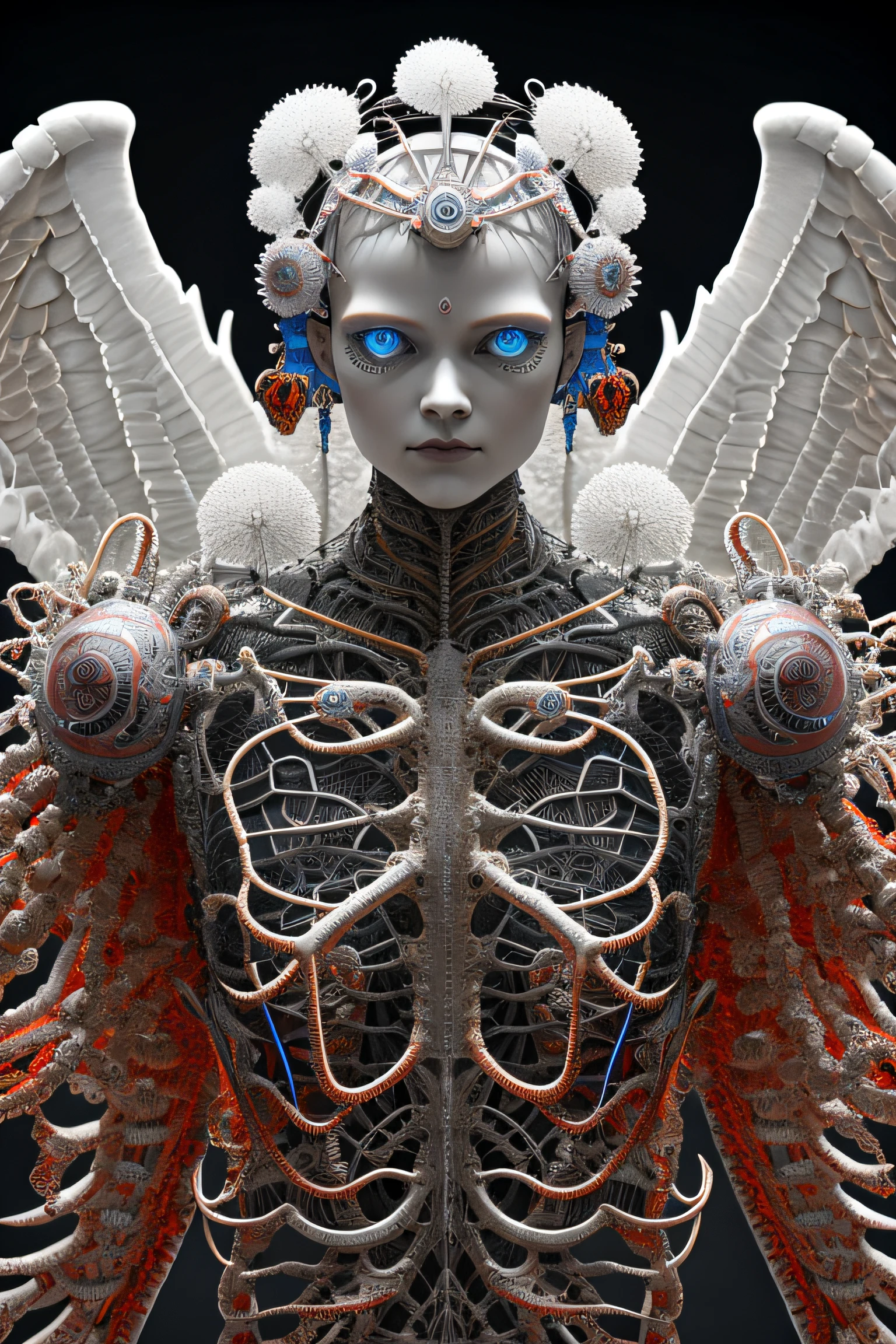 render 3d complex ultra detailed gorgeous angel of death, biomechanical cyborg, 150mm lens, beautiful soft natural light, neon vein, roots, fine foliage lace, colorful details, Boris Bidjan Saberi clothing, pearl earrings, piercing, embroidered art nouveau fashion, intricate details, mesh yarn, mandelbrot fractal, facial muscles, cable wires, microchip, badass, hyper realistic, ultra detailed, octane rendering, volumetric lighting, 8k post-production, red and white with a bit of black, detailed metallic bones, semi human, iridescent colors, Glenn Brown style, futuristic room, power of the god, high angle shot, complex body poses