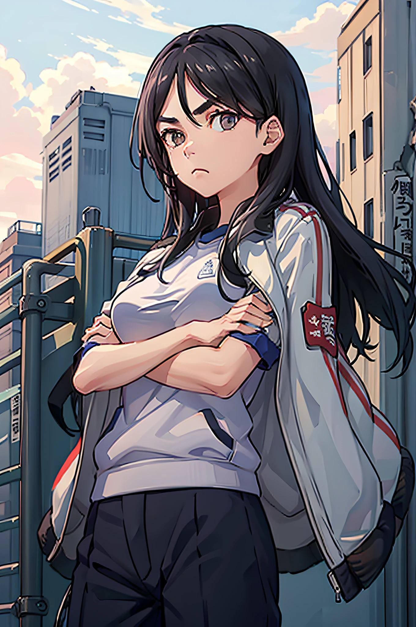 (masterpiece, best quality:1.2), cowboy shot, solo, 1girl, fukiyose seiri, expressionless, closed mouth, looking at viewer, crossed arms, jacket on shoulders, gym uniform