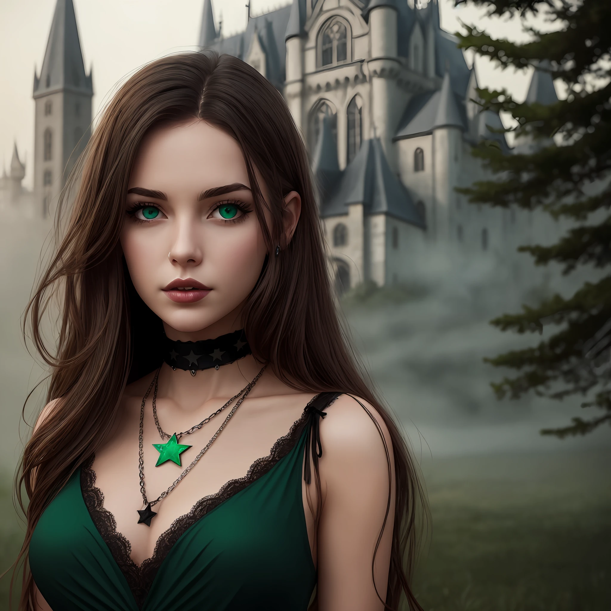 Young American woman with brown hair, dark green eyes with a star-shaped emerald necklace. Pink lips. Wearing black dress. Dark Gothic forest background with Gothic castle behind no sunlight and fog. 4k, realistic, better picture.