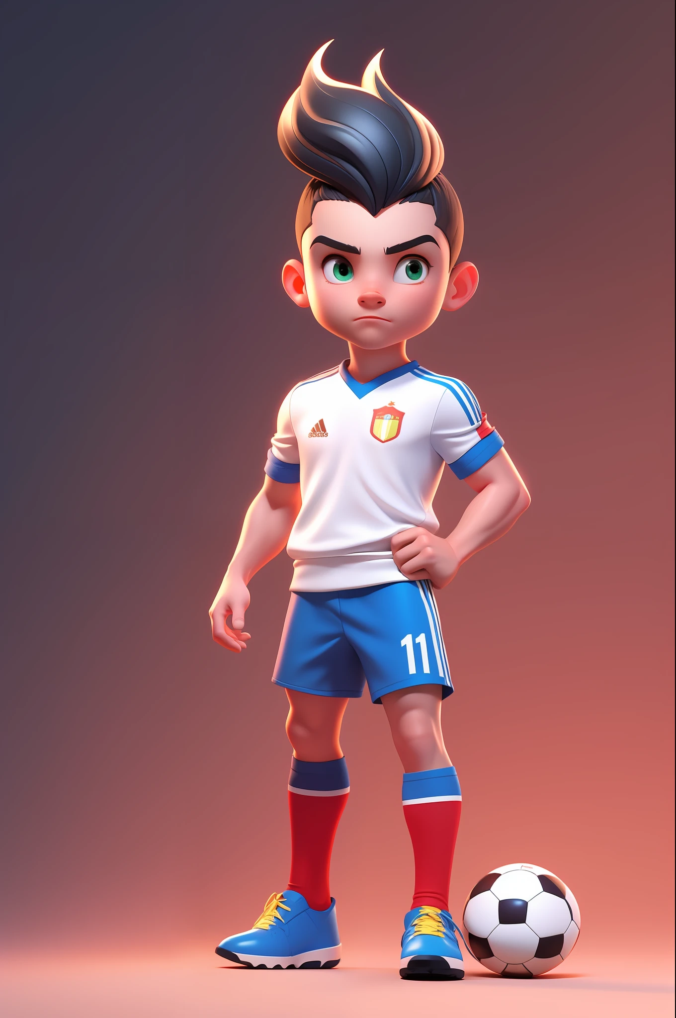 3dcharacter, (1man, cristiano ronaldo, man: 1.2), __eyecolor__ eyes, gray __hair-male__, , soccer ball, (full body: 1.2), simple background, masterpiece, best quality, (light red gradient background: 1.1)