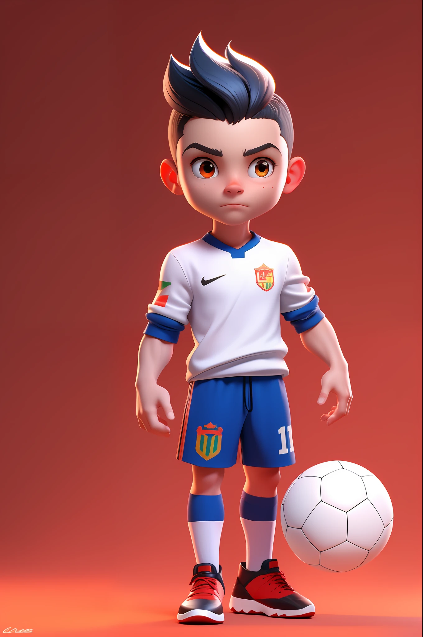 3dcharacter, (1man, cristiano ronaldo, man: 1.2), __eyecolor__ eyes, gray __hair-male__, , soccer ball, (full body: 1.2), simple background, masterpiece, best quality, (light red gradient background: 1.1)