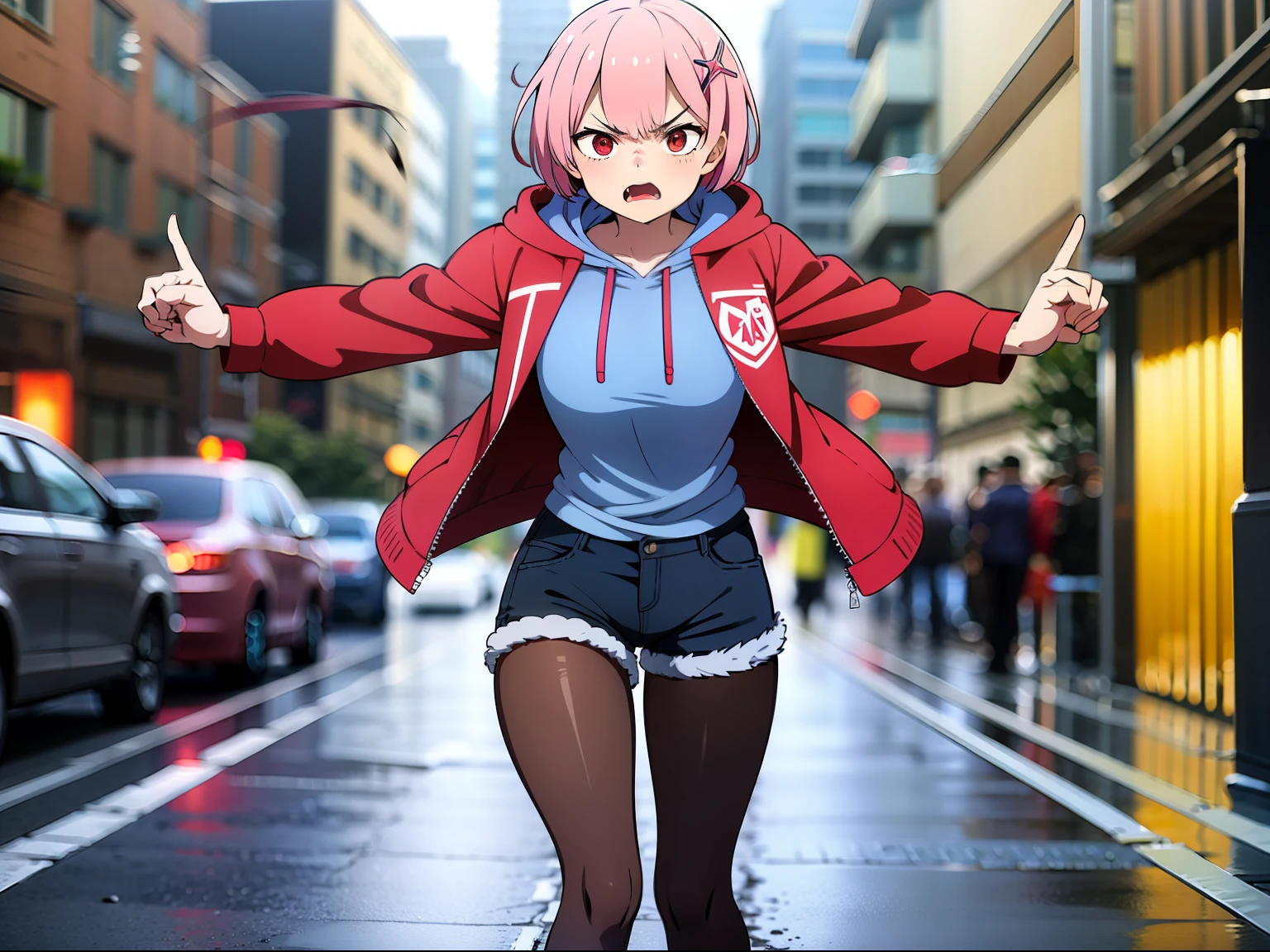 masterpiece, rem rezero, pink hair, red eyes, detailed eyes, angry face, red jacket hoodie, blue shirt, dark shorts, pantyhose, casual oufit, middle of the street, legs apart, arms extended to the sides, action pose, prepared for a fight,