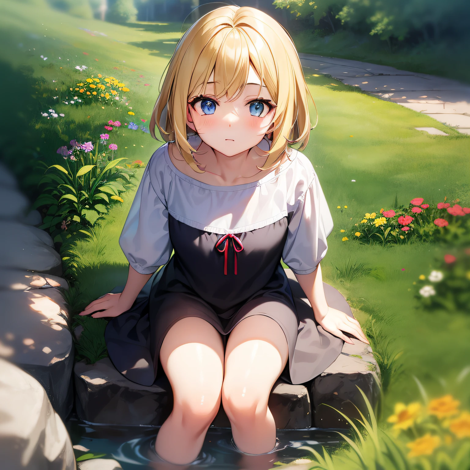 short layered blonde hair, light gray-sky blue eyes, little 10-year-old girl, liminal space
