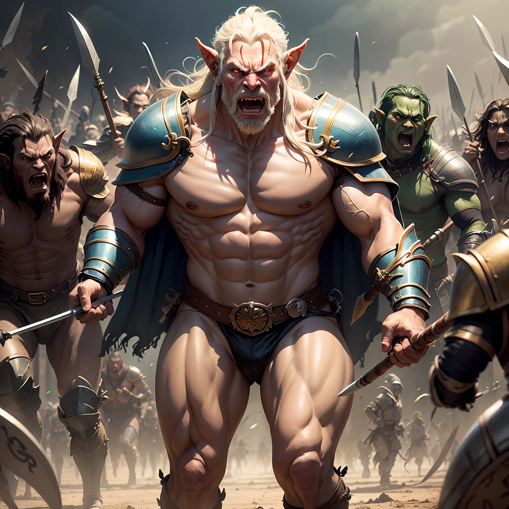 The scene begins with the armies of orcs and elves in opposing positions, ready for combat. The orcs, large and strong, wear leather armor and wield axes and swords, while the elves, more slender and elegant, wear light cloth armor and carry bows and spears.The sound of the orcs' war drums resounds across the battlefield, while the elves respond with the melancholy sound of their war horns. Then a gigantic orc advances, raising a massive battle axe, leading the charge of the orc army.The elves hold their positions, awaiting the charge. When the orcs close in, the elves shoot arrows into their ranks, trying to inflict as many casualties as possible. The orcs, driven by fury, continue to advance, but many fall under the shower of arrows. --auto