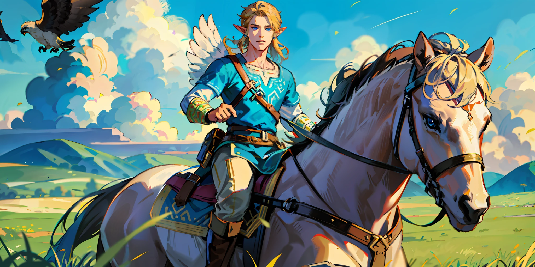 (absurdres, highres, ultra detailed, realistic), (1 male, solo, adult, Link, elf, tall blond guy, broad shoulders, handsome), pretty blond hair, blue eyes, (angular jaw, thick neck, thick eyebrows), BREAK, forest, fantasy, breath of the wild, botw, extremely detailed face, gorgeous face, beautiful detailed eyes, clear eyes, beautiful hair. Hyrule kingdom, rolling hills, amazing background, beautiful fields, wild horses, running horses, hawks, deers, wild life, wide open fields, dancing grass, blue skies, lovely skies, big clouds, masterpiece, perfections, golden ratio, perfect design, rule of thirds,