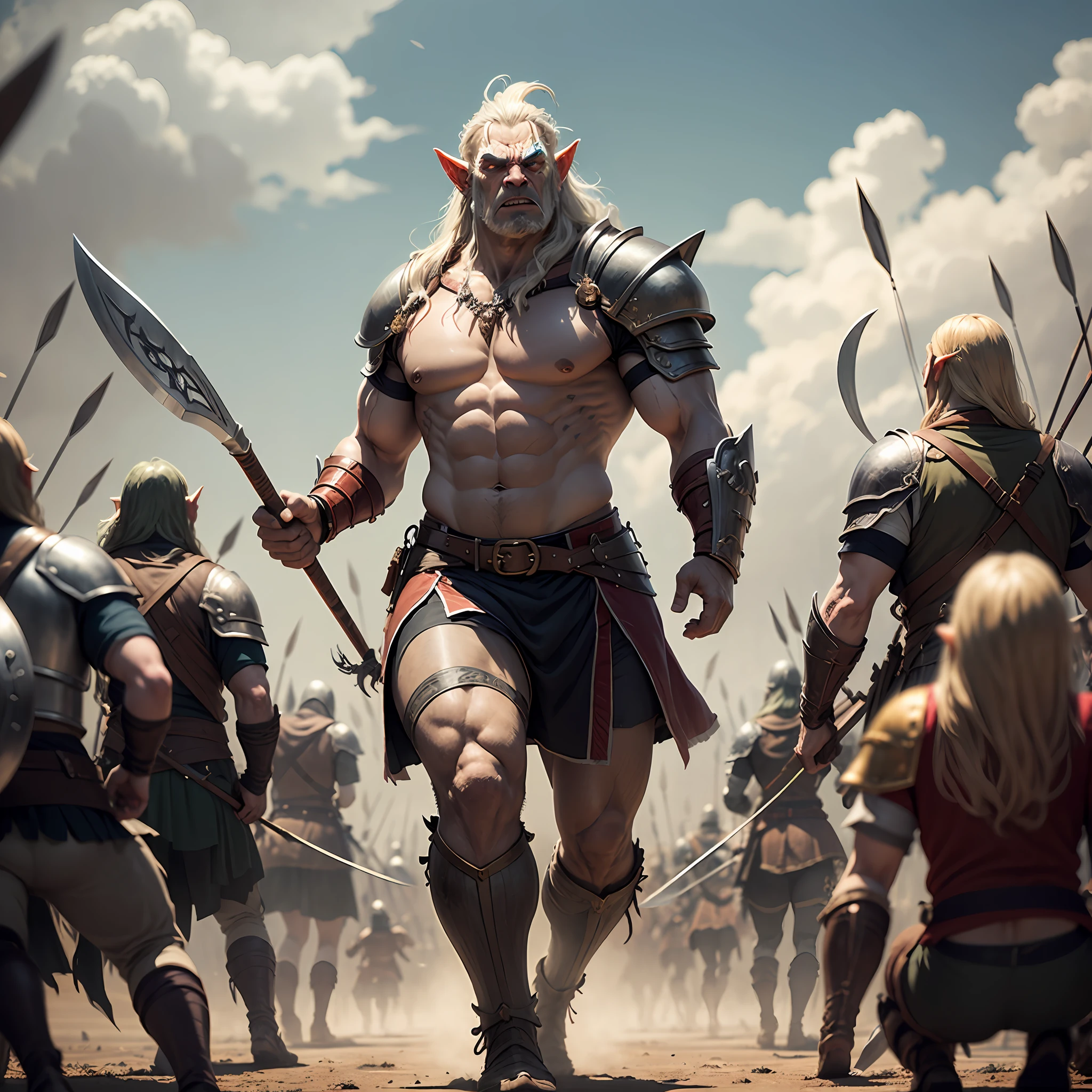 The scene begins with the armies of orcs and elves in opposing positions, ready for combat. The orcs, large and strong, wear leather armor and wield axes and swords, while the elves, more slender and elegant, wear light cloth armor and carry bows and spears.The sound of the orcs' war drums resounds across the battlefield, while the elves respond with the melancholy sound of their war horns. Then a gigantic orc advances, raising a massive battle axe, leading the charge of the orc army.The elves hold their positions, awaiting the charge. When the orcs close in, the elves shoot arrows into their ranks, trying to inflict as many casualties as possible. The orcs, driven by fury, continue to advance, but many fall under the shower of arrows. --auto