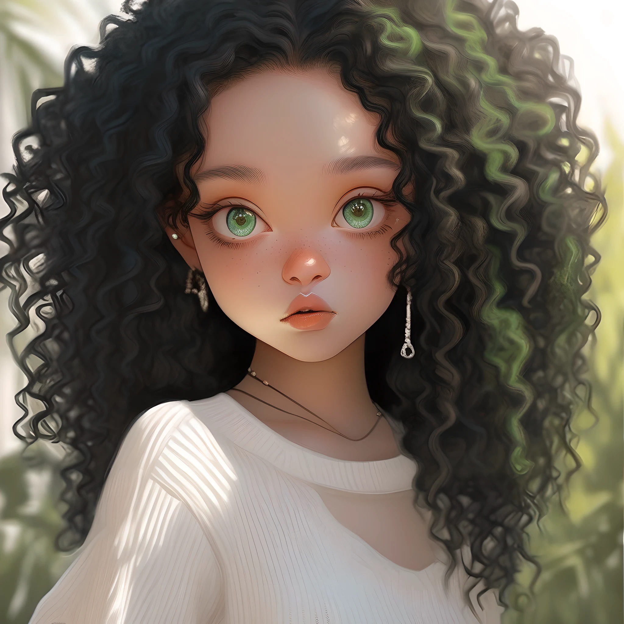 Girl Highly Detailed Face and Skin Texture, ((white skin)) big green eyes, slim face, juicy lips, bimbo lips, big puffy breast, ((afro curly Black hair)), pale skin, Detailed Eyes, Double Eyelids,