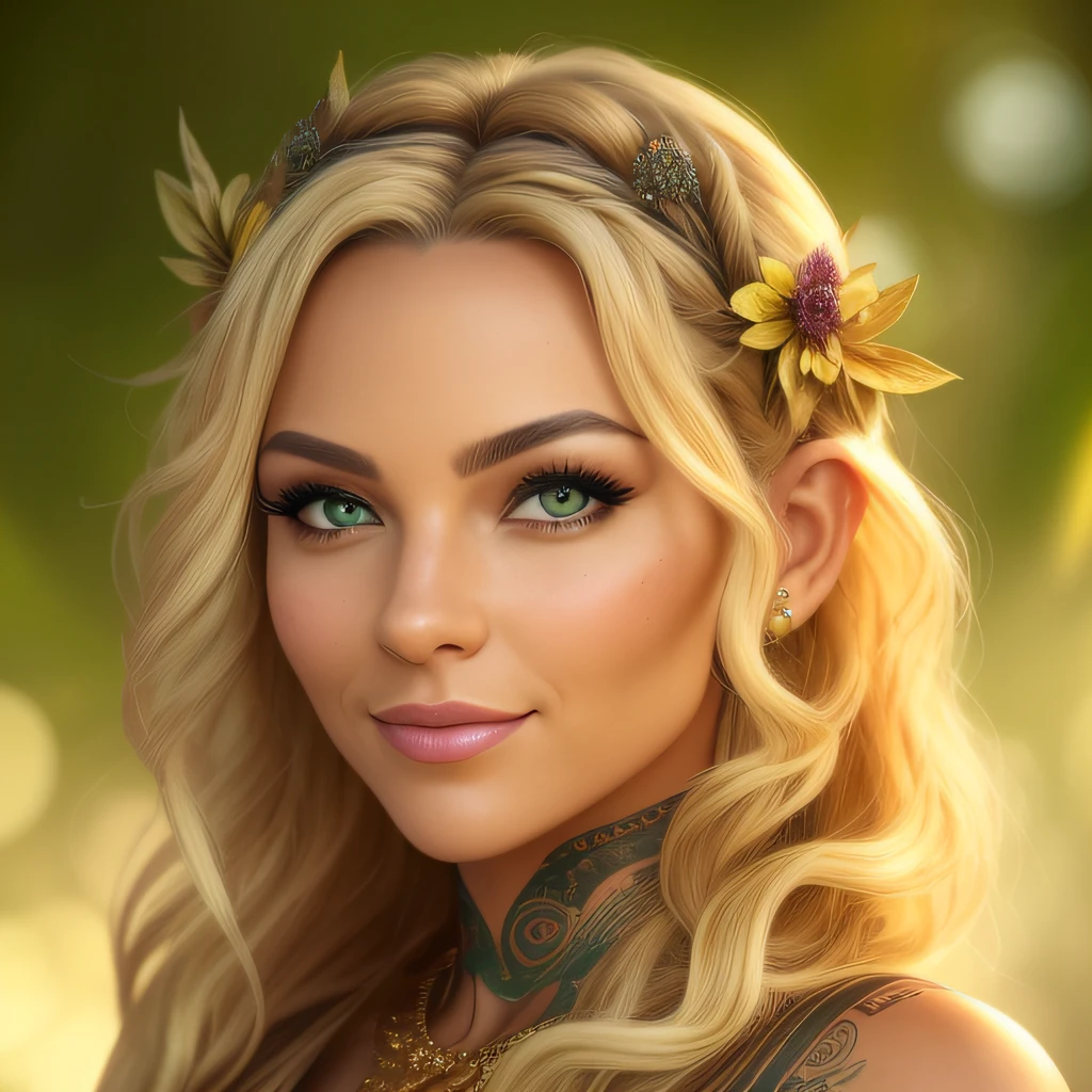 (((Front Facing View))), (Highly Detailed), Beautiful, Stunning, (Portrait:1.2), Character, (prime) feminine features, (adult), figure, mischievous expression, ((tan)) skin, green eyes, wavy (hot) blonde hair, looking at viewer, smiling, elf ears, confident, (confident), ((symmetrical detailed eyes)), (soft light: 1.5), glowing sun effect, (deep in the jungle Atmosphere: 1.6), full body with gold tattoos on skin