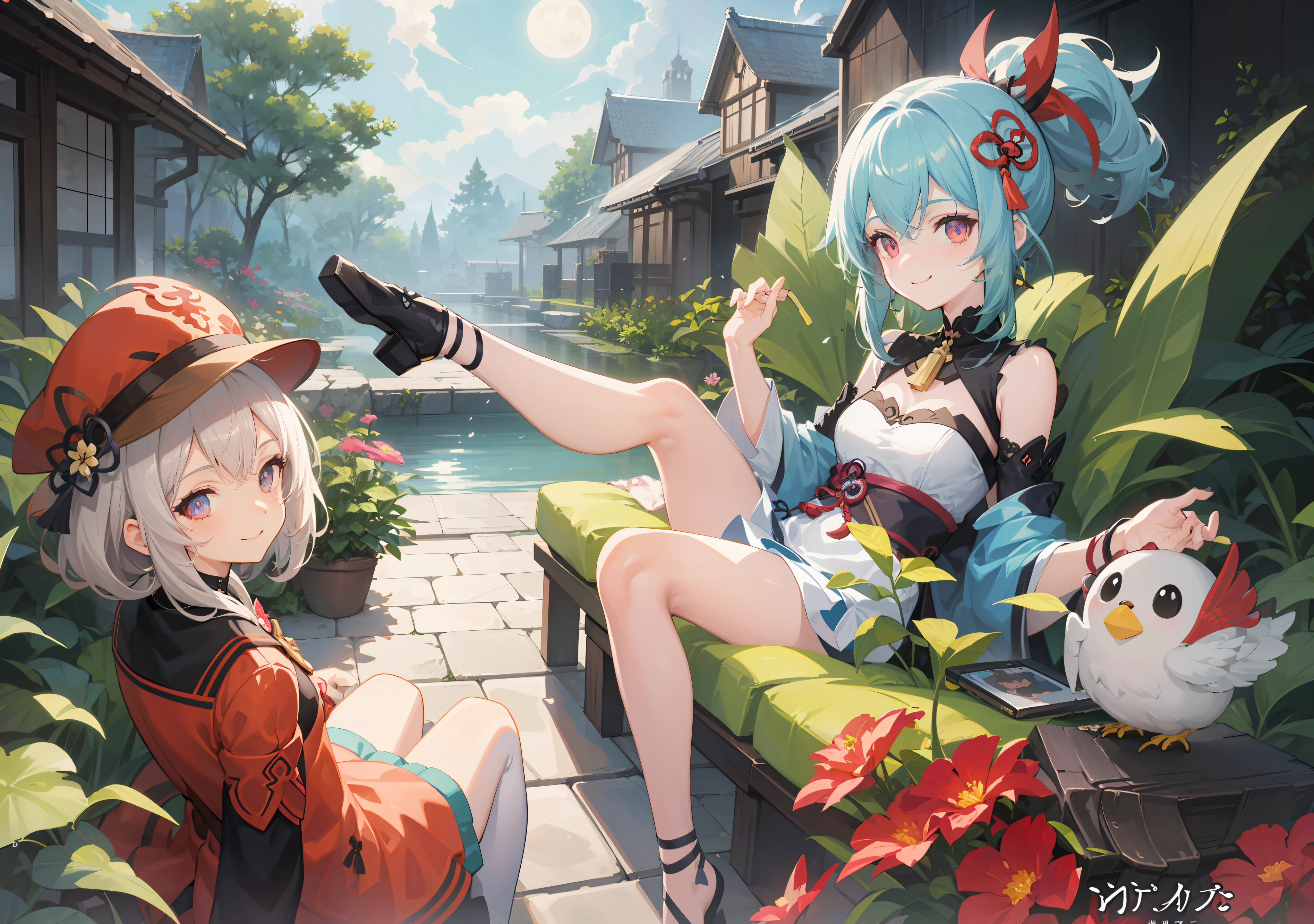 Anime characters in the garden with flowers and full moon and birds, splash art anime , WLOP and Sakimichan, zero zen art, commission, high detail official artwork, official fan art, official artwork, anime fantasy illustration, Kusart Krenz key art women, Valentine's Day in Larutal, Genshin, detailed fan art, game art!, official art, lolite anime style, smile, ultimate light and shadow, meticulous facial portrayal, best quality, ultra hd, pixiv, Character concept design