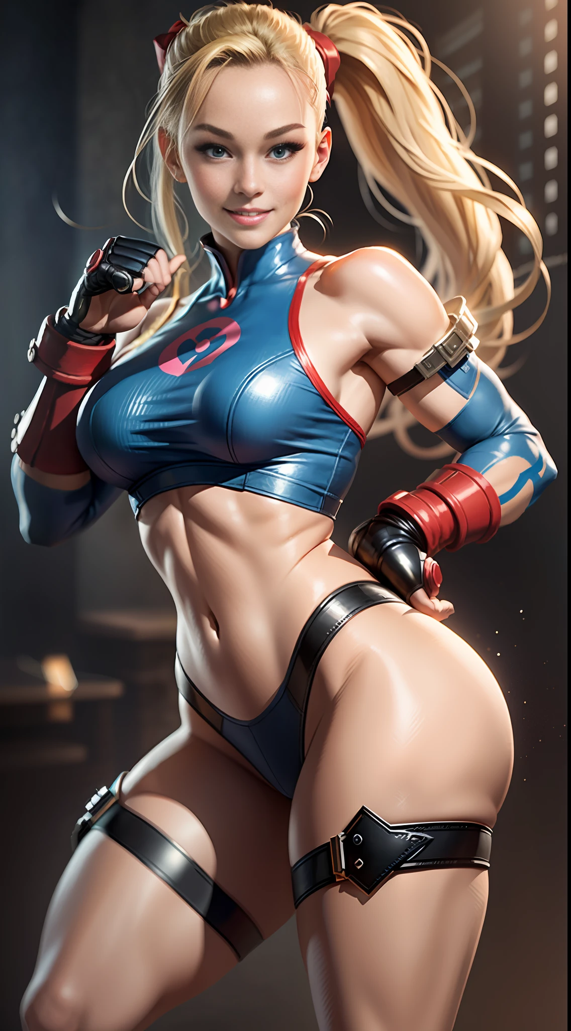 masterpiece, ultra high quality, ultra high definition, 8K, totally realistic, Cammy (Street Fighter), identical to the game, faithful to the anime, same as the game, very similar to the game, original costumes, original clothes, extremely beautiful, alone, full body, highly detailed face, fully detailed eyes, perfect eyes, perfect features, very beautiful body, perfect body, pel natural texture, cheerful smile,  Posing, sexy, full sharpness, (realistic photo)