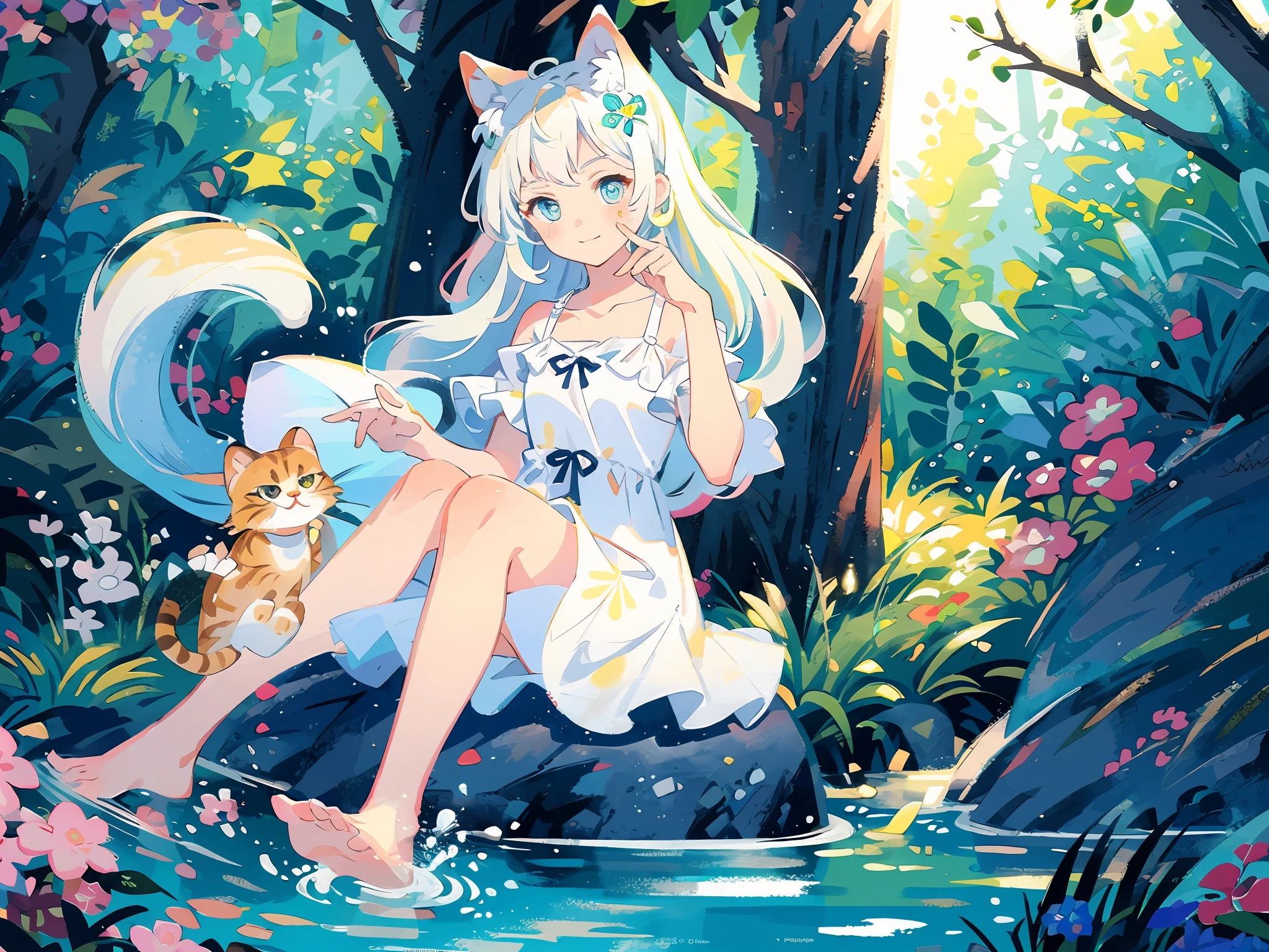 (highest quality), (masterpiece: 1.2), (colorful: 0.9), (ink splash)), (color splashing), (watercolor)))), clear focus, model shot, full body,
(Summer Portrait Goddess: 1.5), cute look, cat ears, elegant white colored hair, beautiful detailed face and eyes, elegant goddess clothes, ((Summer forest background)),
Colored Water, Forest