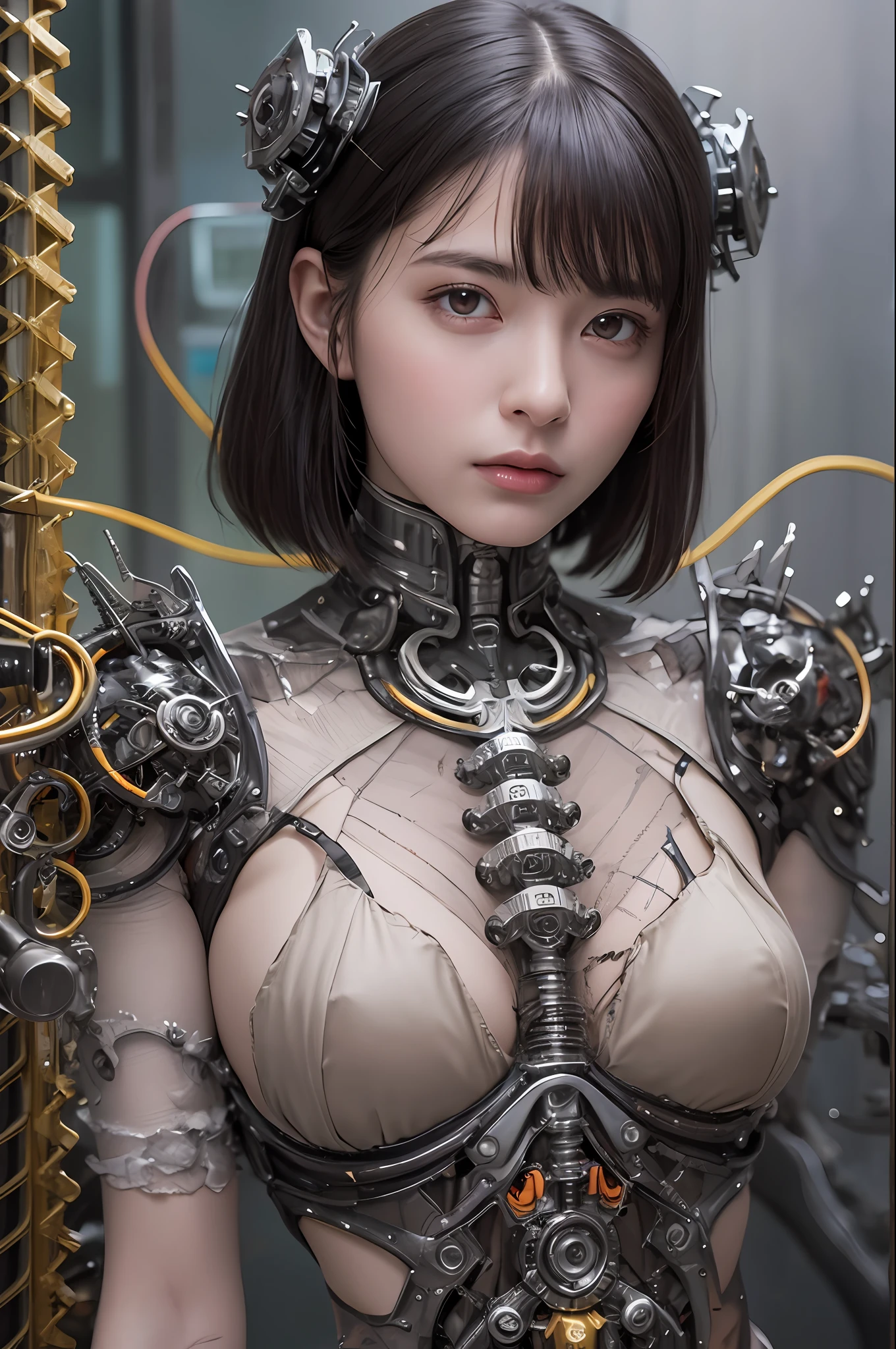 Top Quality, Masterpiece, Ultra High Resolution, (Photorealistic: 1.4), Raw Photo, 1 Girl, Black Hair, Glossy Skin, 1 Mechanical Girl, (Ultra Realistic Details)), Portrait, Global Illumination, Shadows, Octane Rendering, 8K, Ultra Sharp, Glossy Skin, Realistic Skin, Big, Cleavage Exposed Raw Skin, Metal, Intricate Ornaments Details, Giger details, very intricate details, realistic light, CGSoation trend, purple eyes, glowing eyes, facing the camera, neon details, mechanical limbs, blood vessels connected to tubes, mechanical vertebrae attached to the back, mechanical cervical attachment to the neck, sitting, wires and cables connecting to the head, analog meters, pressure gauges, vacuum tubes, gears, Small LED lamp, background is a futuristic server room,
