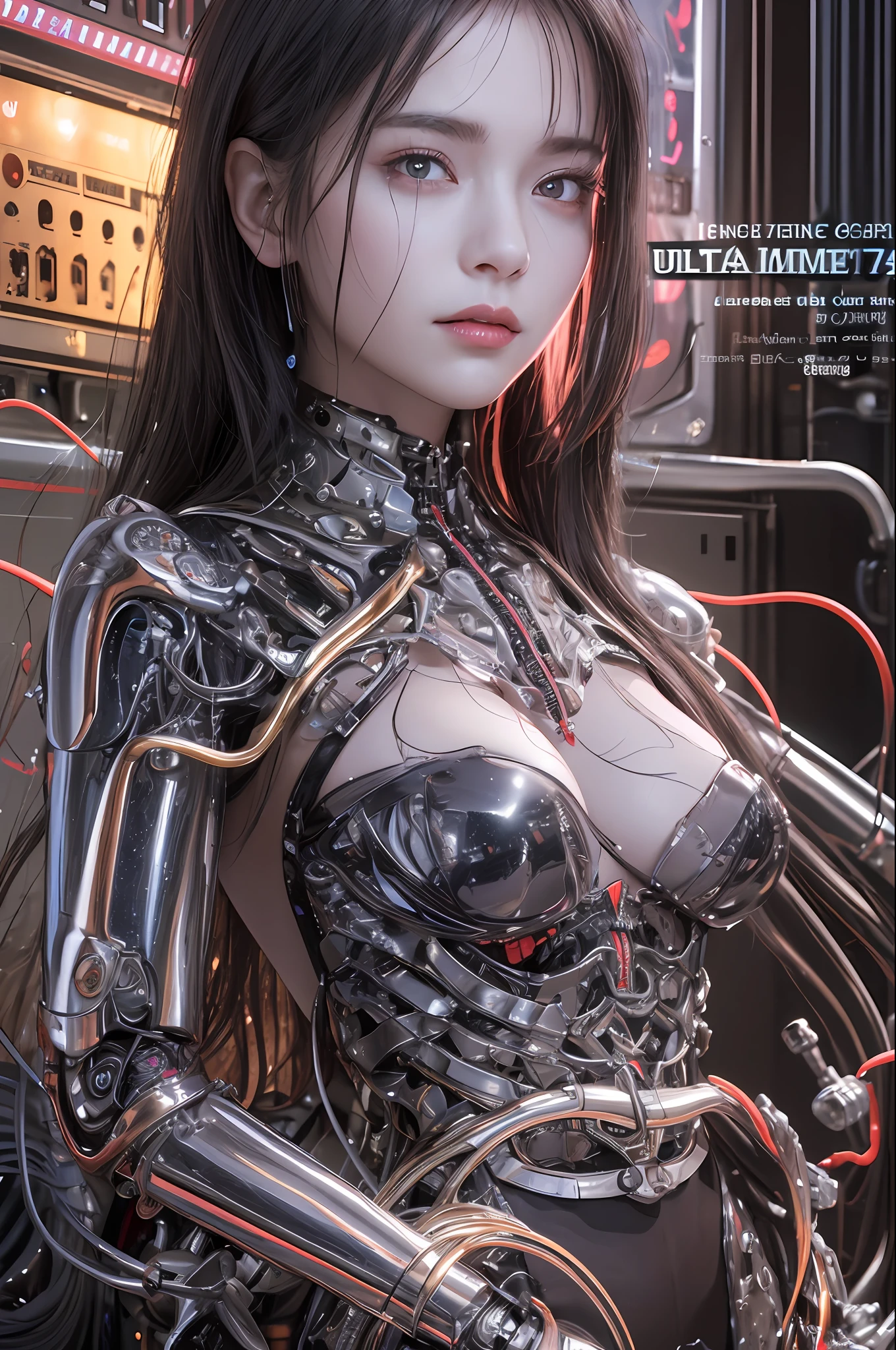 Top Quality, Masterpiece, Ultra High Resolution, (Photorealistic: 1.4), Raw Photo, 1 Girl, Black Hair, Glossy Skin, 1 Mechanical Girl, (Ultra Realistic Details)), Portrait, Global Illumination, Shadows, Octane Rendering, 8K, Ultra Sharp, Glossy Skin, Realistic Skin, Big, Cleavage Exposed Raw Skin, Metal, Intricate Ornaments Details, Giger details, very intricate details, realistic light, CGSoation trend, purple eyes, glowing eyes, facing the camera, neon details, mechanical limbs, blood vessels connected to tubes, mechanical vertebrae attached to the back, mechanical cervical attachment to the neck, sitting, wires and cables connecting to the head, analog meters, pressure gauges, vacuum tubes, gears, Small LED lamp, background is a futuristic server room,