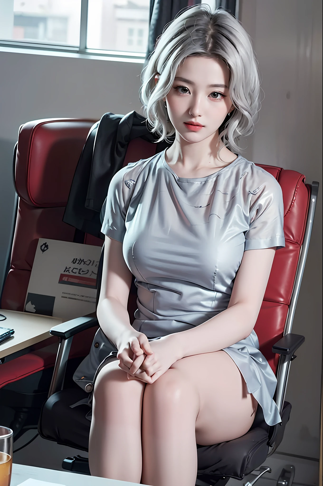 (RAW photo, best quality), (realistic, photo-realistic:1.3), masterpiece, extremely delicate, extremely detailed, CG, unity , 2k wallpaper, amazing, fine detail, light smile, extremely CG unity 8k wallpaper , huge file size, super detailed, highres, ridiculous, soft light, (((short hair: 1.3), short bangs, silver hair, flowing novafrogstyle)), pretty detail girl, finger detail, eyes and face extremely detailed, beautiful and delicate nose, beautiful and delicate eyes, long eyelashes, shallow face, looking at the audience, (shut up: 1.2), 1girl, cute, young, mature face, (full body: 1.3), (medium breasts), realistic face, realistic body, beautiful detailed thigh, (ulzzang-6500-v1.1:0.8), open clothes, in office, detailed office, see-through attire, see-through,