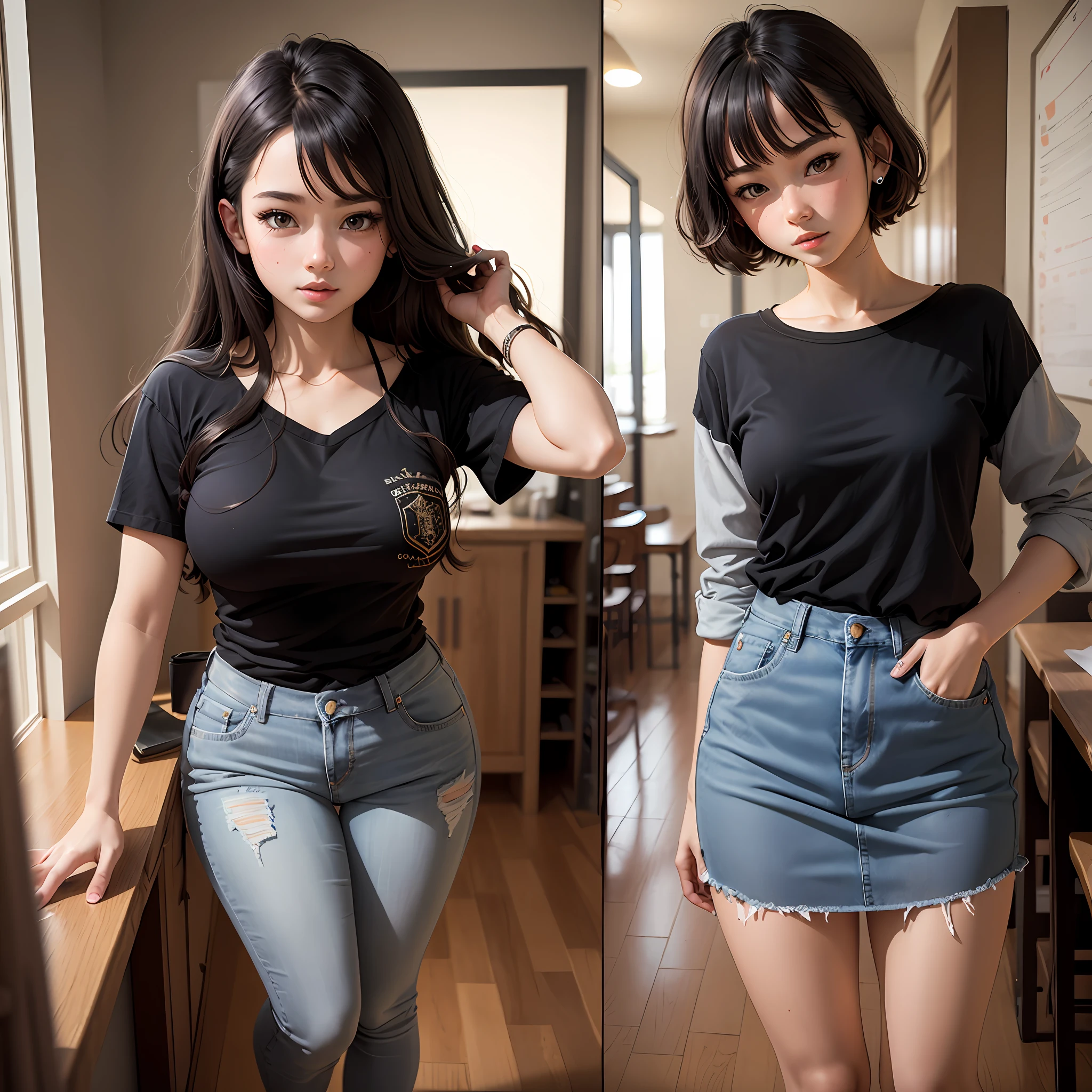 Girl 16 years dressed in jeans school shirt black hair 1.70 tall Brazilian full body drawing