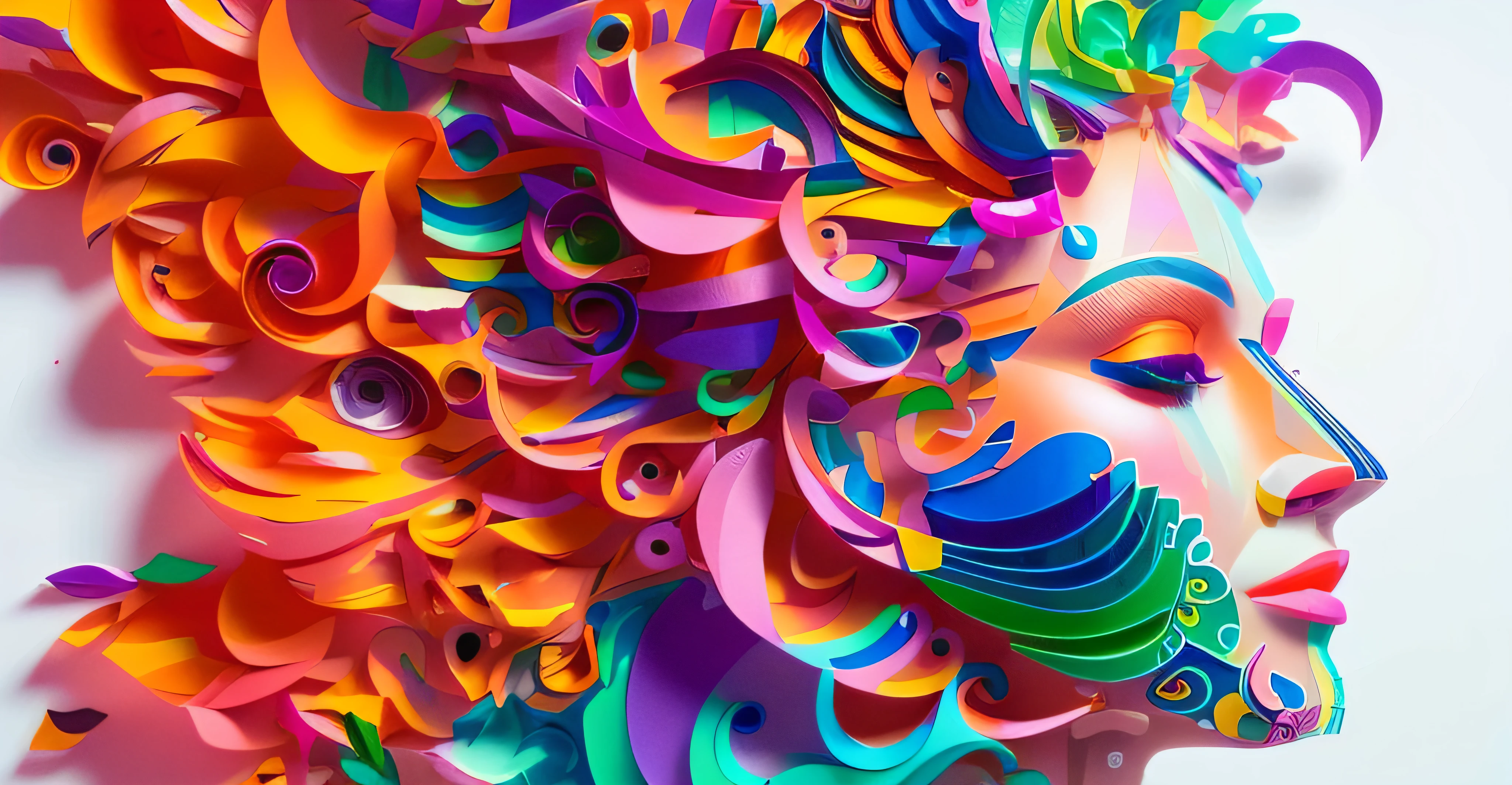 Close-up of a woman's face with colorful paper carvings, colorful artwork, complex 3D illustrations, colored paper collages, complex color masterpieces, colored digital art, colorful vector art, complex digital painting