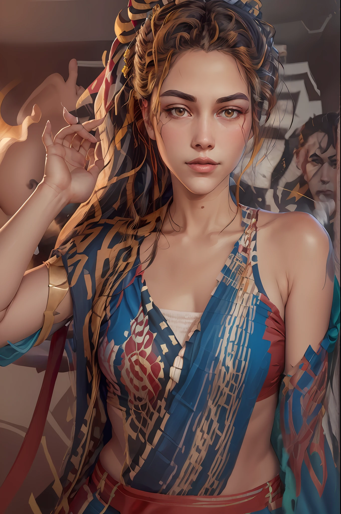 (RAW photo, best quality), (realistic, photo-realistic:1.3),best quality,highly detailed,masterpiece,ultra-detailed,illustration,1girl,upper_body,dynamic angle,world masterpiece theater,messy_long_hair,best quality,extremely detailed CG unity 8k wallpaper,ink,Amazing,cinematic lighting,lens_flare, dunhuang_style