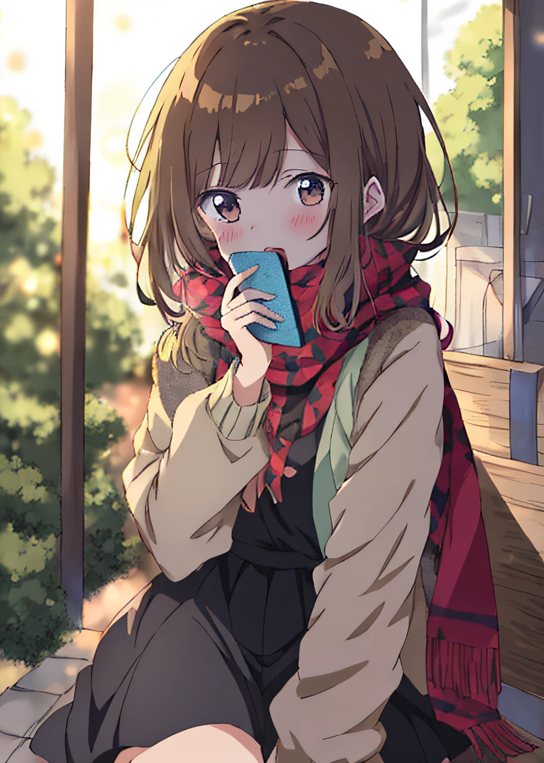 anime girl with brown hair and scarf looking at her phone, anime style 4 k, anime style. 8k, cute anime girl, (anime girl), anime visual of a cute girl, digital anime illustration, digital anime art!!, anime moe artstyle, 4k anime wallpaper, beautiful anime girl, an anime girl, anime wallaper, digital anime art