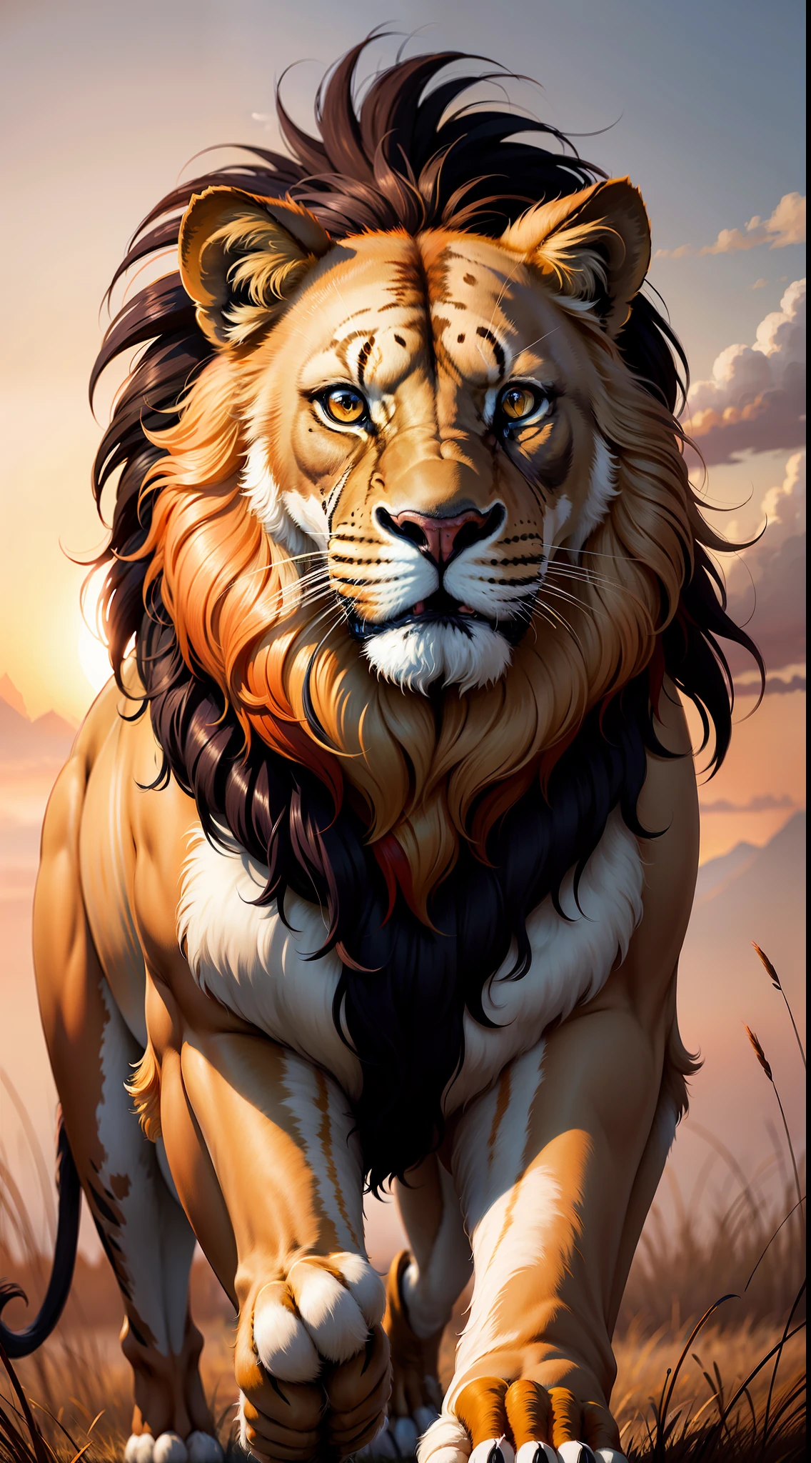 A majestic and regal lion, its golden mane flowing in the wind as it prowls through the tall grass of the savannah. In the distance, the setting sun paints the sky in shades of fiery orange and deep purple, casting a warm and welcoming glow across the African landscape.