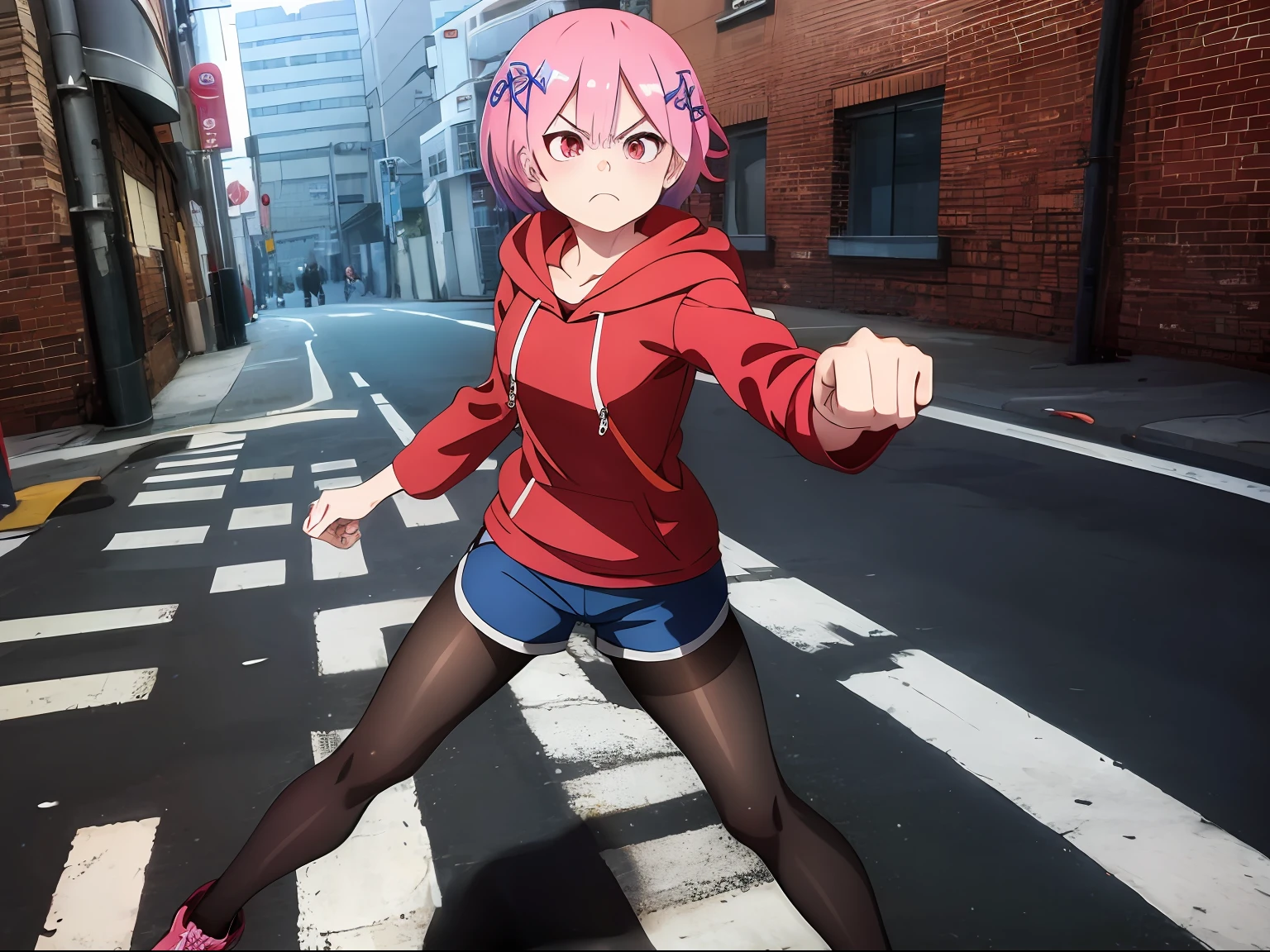 masterpiece, rem rezero, pink hair, red eyes, detailed eyes, angry face, red jacket hoodie, blue shirt, dark shorts, pantyhose, casual oufit, middle of the street, legs apart, action pose, prepared for a fight,
