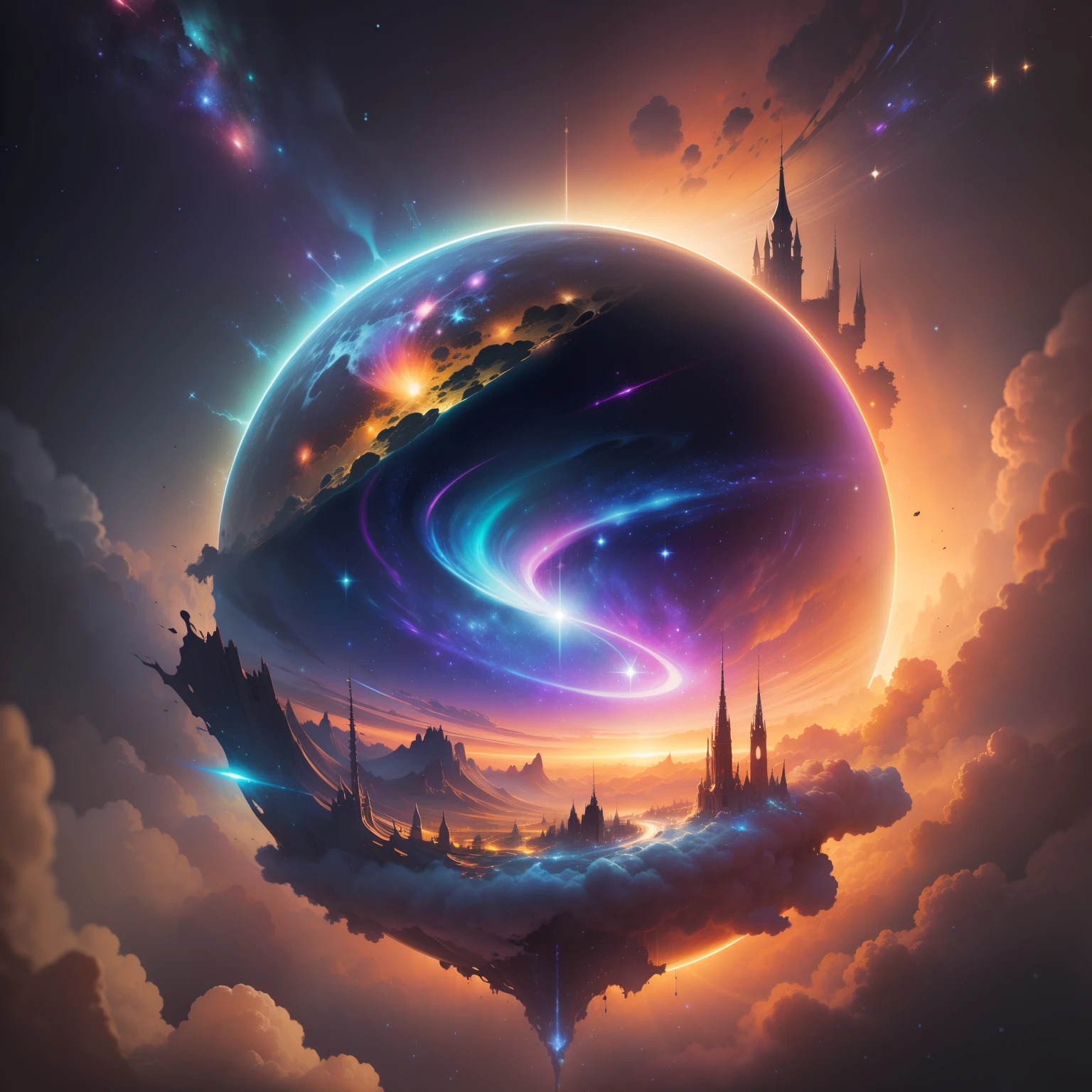 iridescent galaxy, universe, beautiful stars, mysterious art, mystery of the universe, fantasy art, distant stars, cosmic abyss, light, shining, security, unknown, absurdity