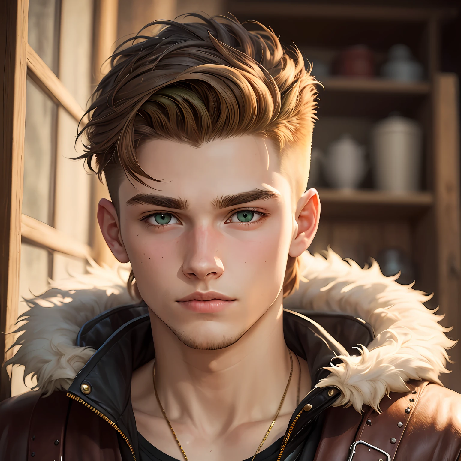 A portrait of a young man with golden brown hair with a rustic face, viking style, very thin, with green eyes, 18 year old young man, short hair shaved on the sides and tied, wearing fur