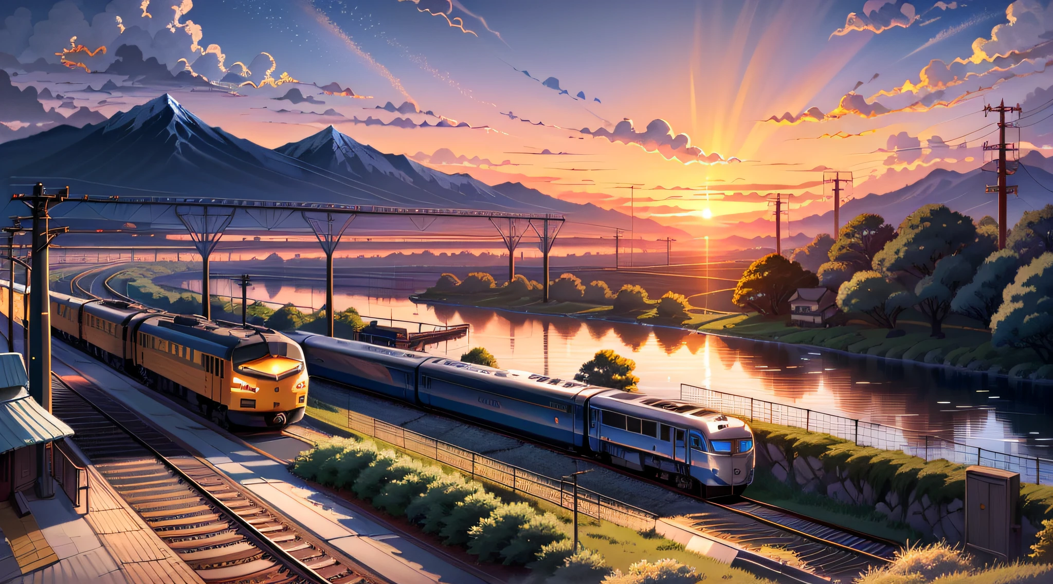 There is a train traveling on the tracks by the water, detailed scenery - width 672, beautiful anime scenes, beautiful anime scenery, anime beautiful peace scenes, anime scenery, anime scenery, anime scenery wallpaper, Shinkai Makoto style, anime country scenery, landscape artwork
