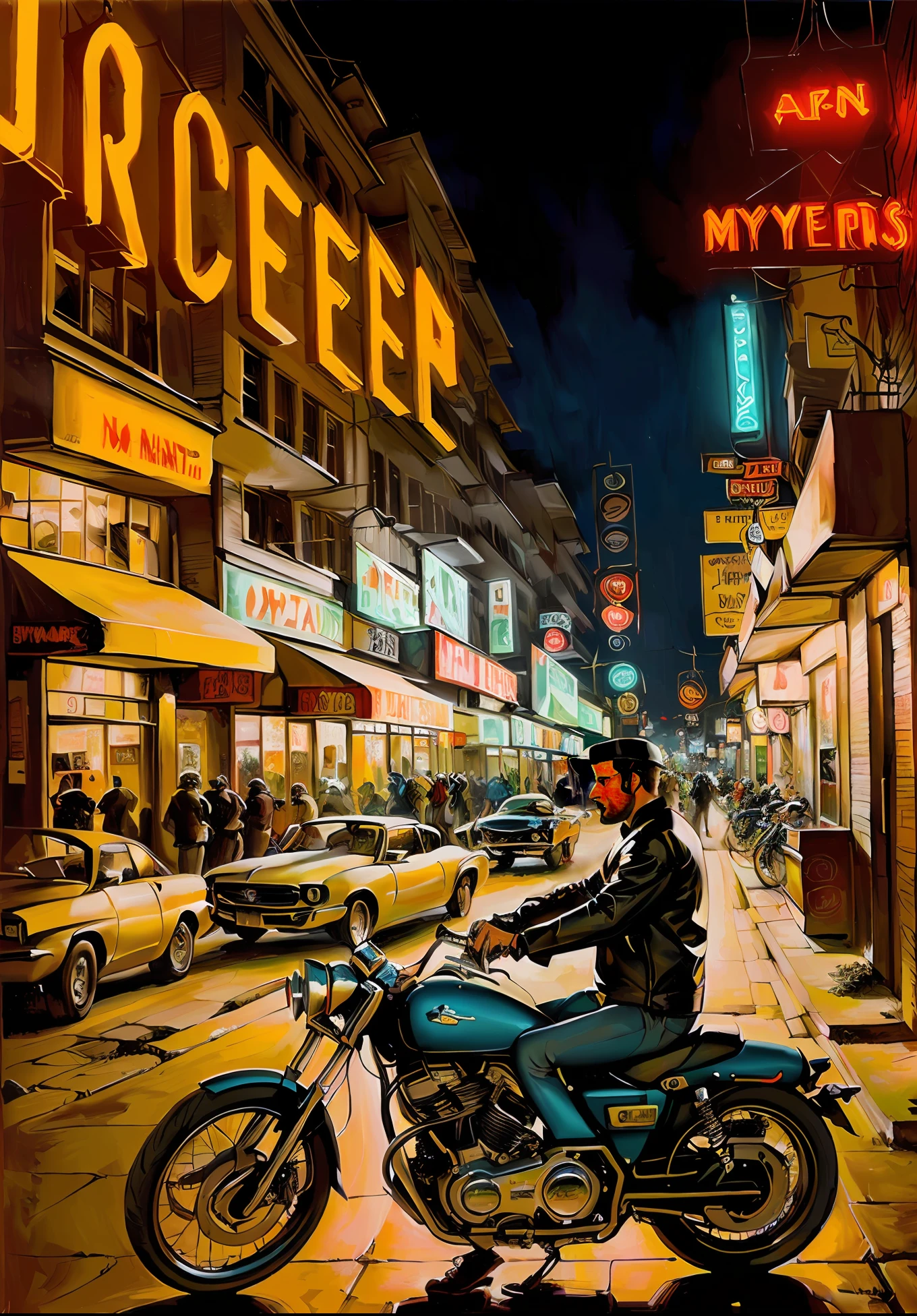 A painting, a man on a motorcycle bustling the street with cyberpunk, neon signs, at night, Jill Elfgren's art style, an award-winning, masterpiece