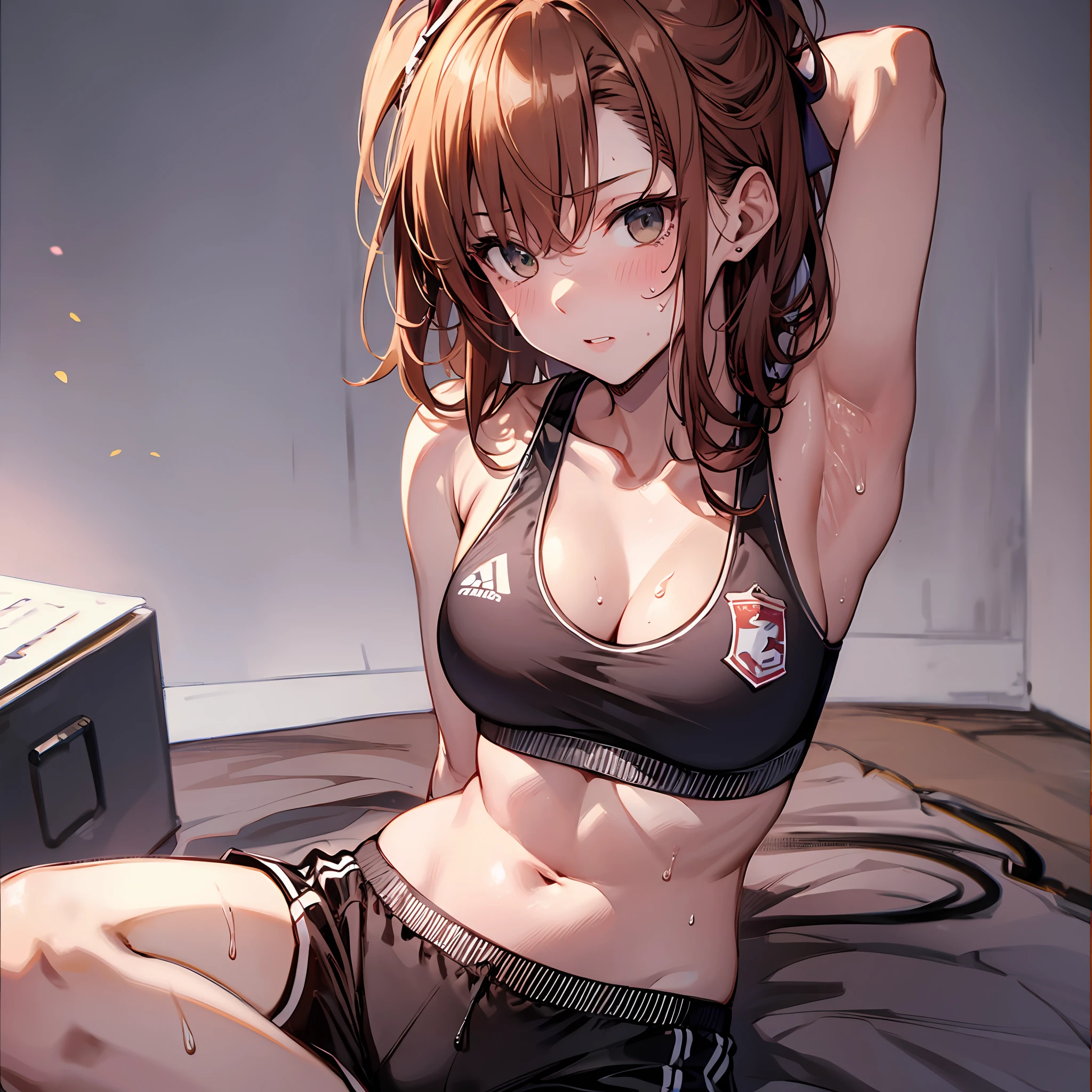 Masterpiece, 4K, Best Quality, Misaka Mikoto, Ribbon, Sports Bra, Latex Shorts, Sweat Copious Face Sexy Pose