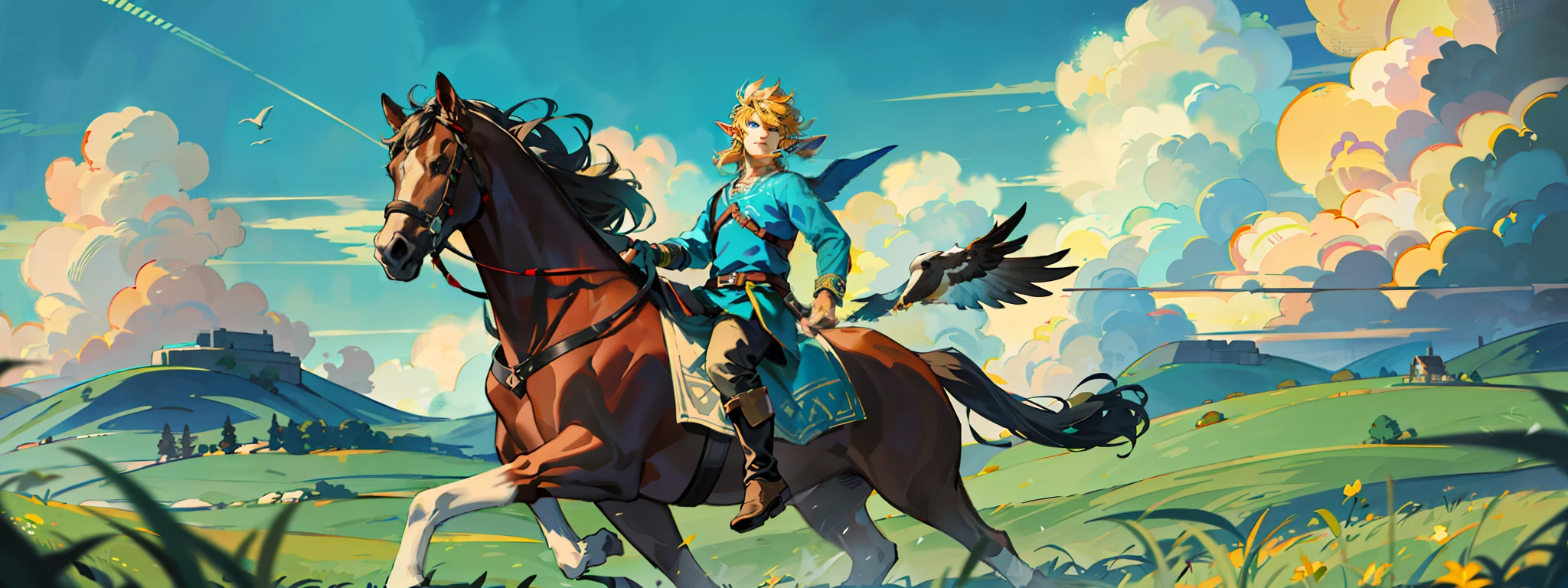 (absurdres, highres, ultra detailed, realistic), (1 male, solo, adult, Link, elf, tall blond guy, broad shoulders, handsome), pretty blond hair, blue eyes, (angular jaw, thick neck, thick eyebrows), BREAK, forest, fantasy, breath of the wild, botw, extremely detailed face, gorgeous face, beautiful detailed eyes, clear eyes, beautiful hair. Hyrule kingdom, rolling hills, amazing background, beautiful fields, wild horses, running horses, hawks, deers, wild life, wide open fields, dancing grass, blue skies, lovely skies, big clouds, masterpiece, perfections, golden ratio, perfect design, rule of thirds,