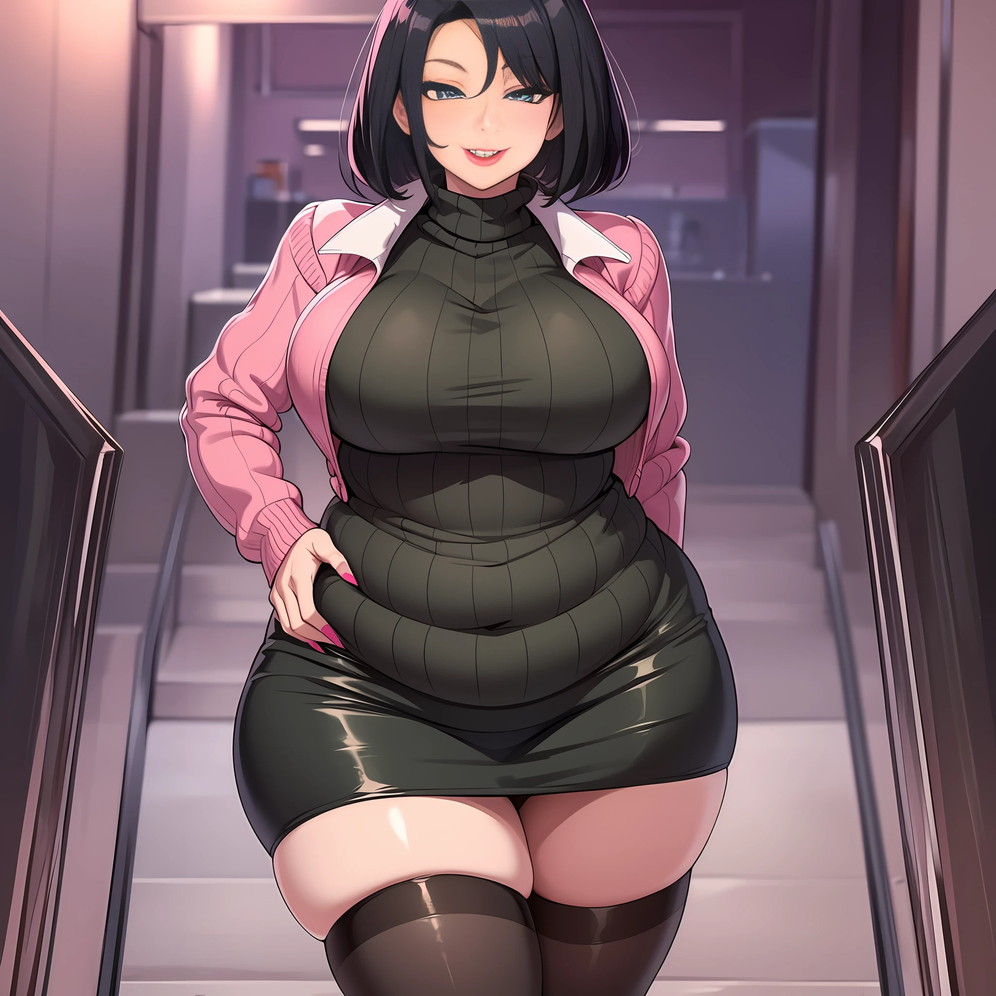 Milf, pink lipstick, short black hair, sweater, skirt, tights, winking, looking at viewer, flirting, hourglass figure, chubby