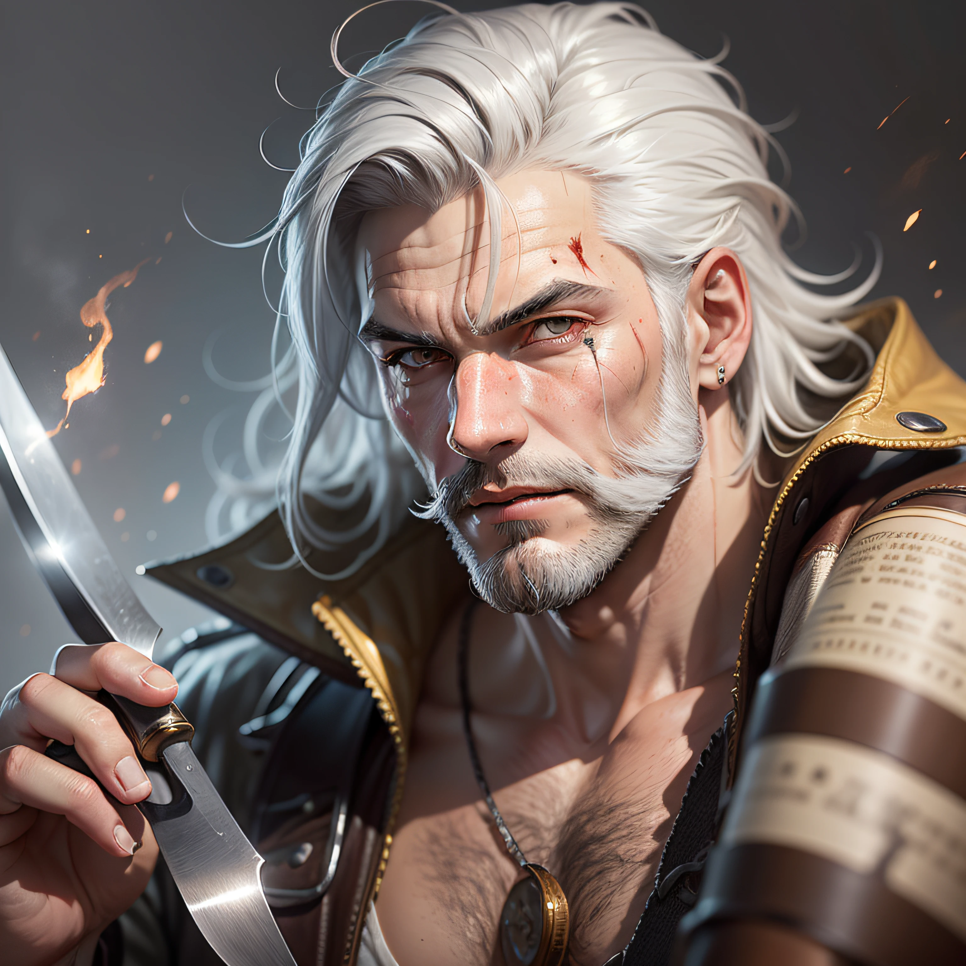A young man with gray gradient hair, well-trimmed gray beard, has a cut scar on his eye, wears white old clothes, he owns many shiny golden knives, is a killer, the environment is a saloon, realistic drawing style, face focus